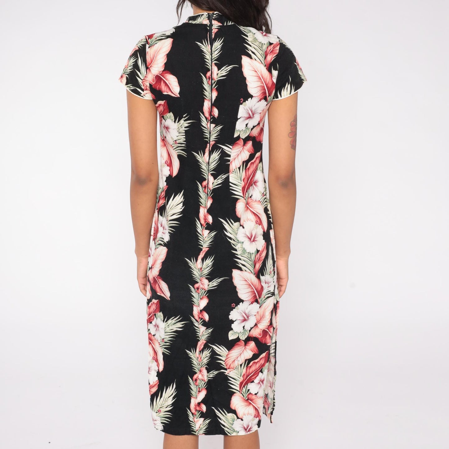 90s Young Hawaii Black Hibiscus Mandarin Collar Dress Pink Palm Small S