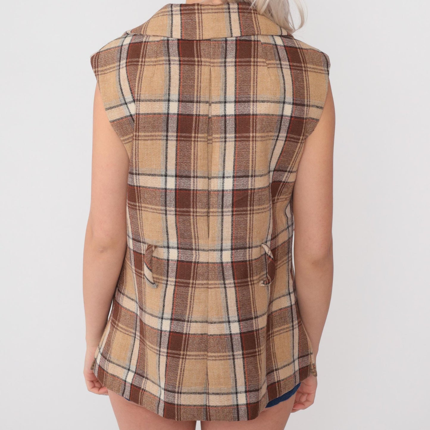 70s Plaid Wool Vest Tan Brown Double-Breasted Lapel Tailored Large L