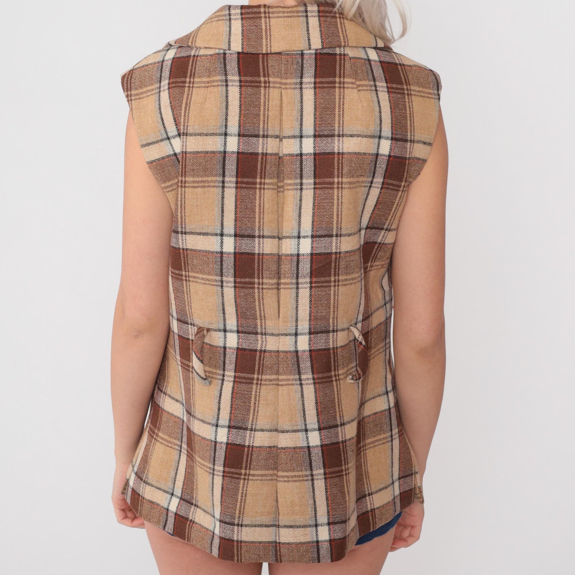 70s Plaid Wool Vest Tan Brown Double-Breasted Lapel Tailored Large L