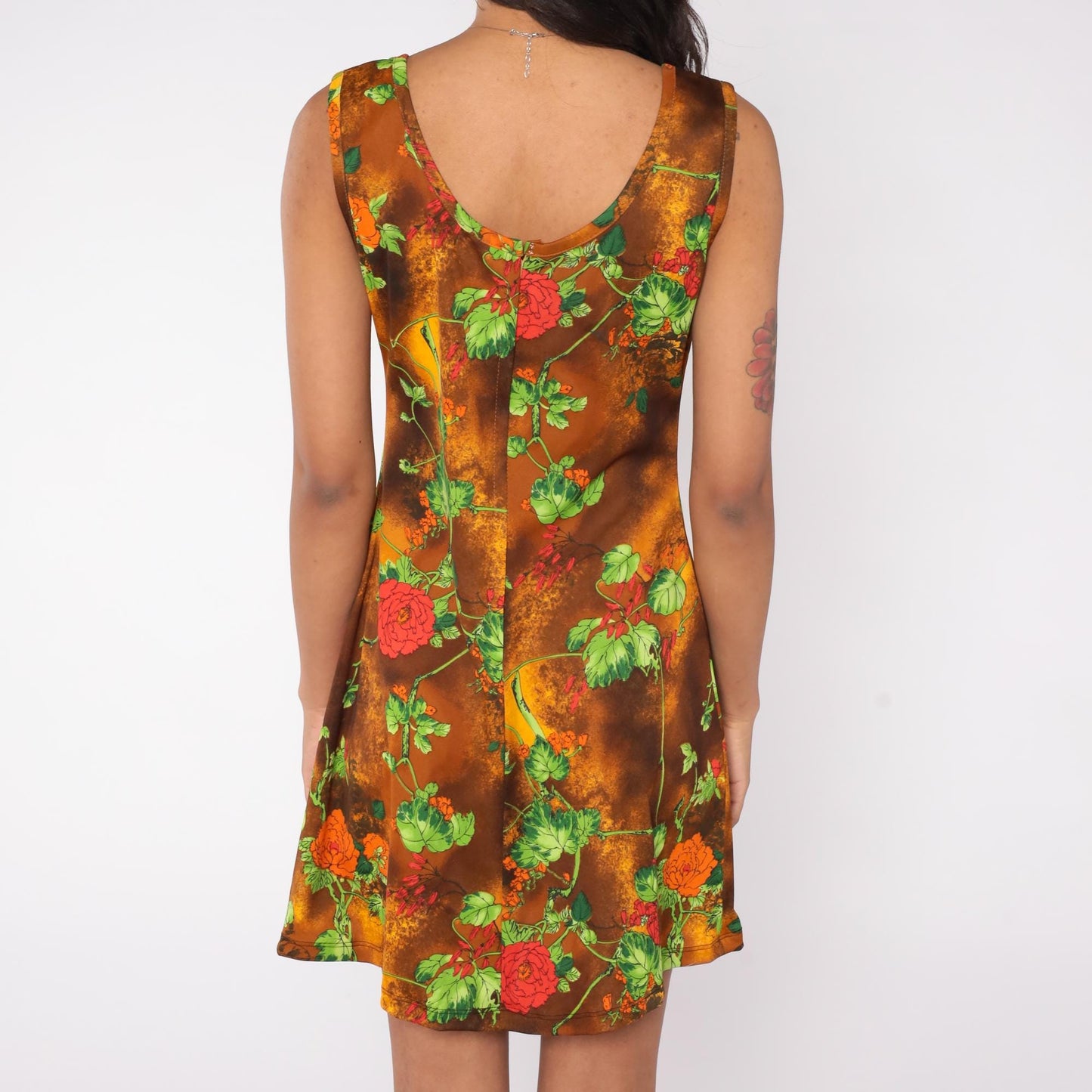 70s Floral Mini Dress Burnt Orange Rose Print Shift Sleeveless Medium