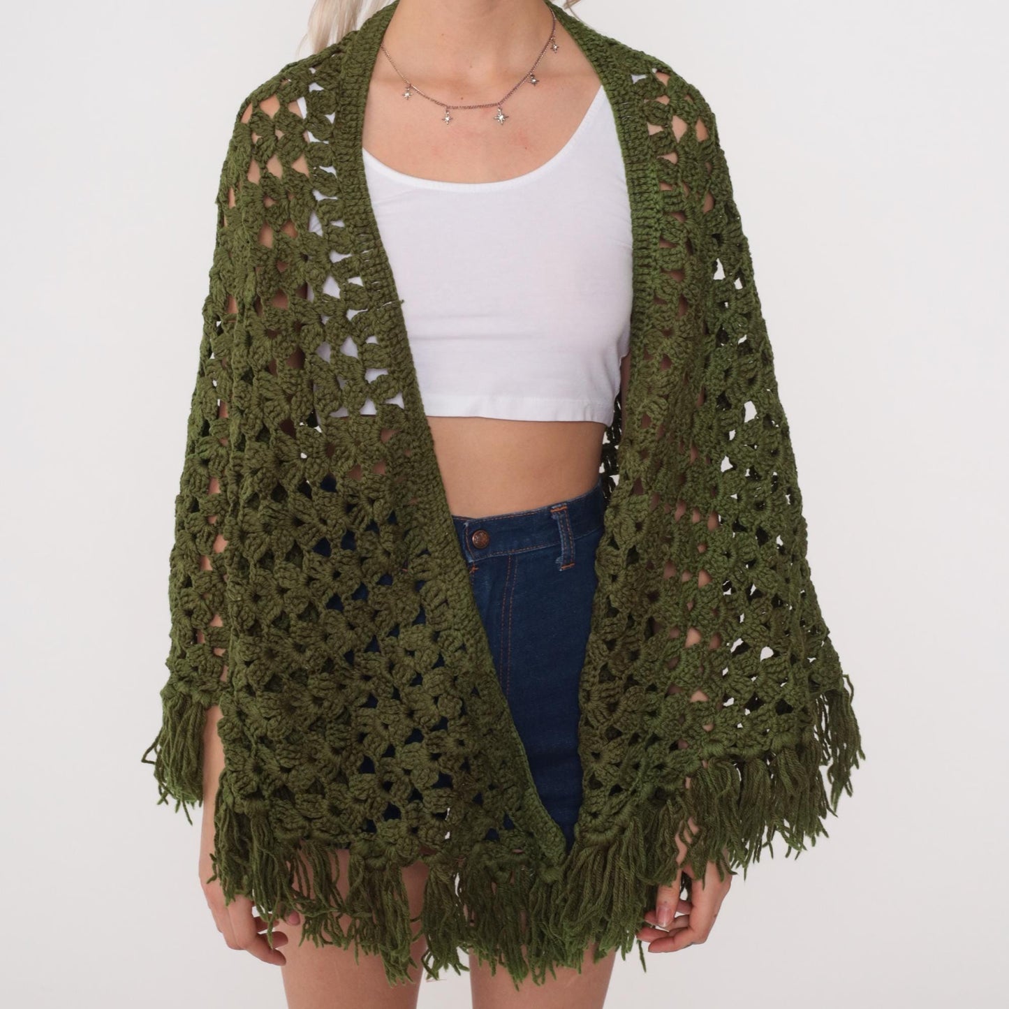 70s Olive Green Crochet Poncho Shawl Fringe Cape One Size