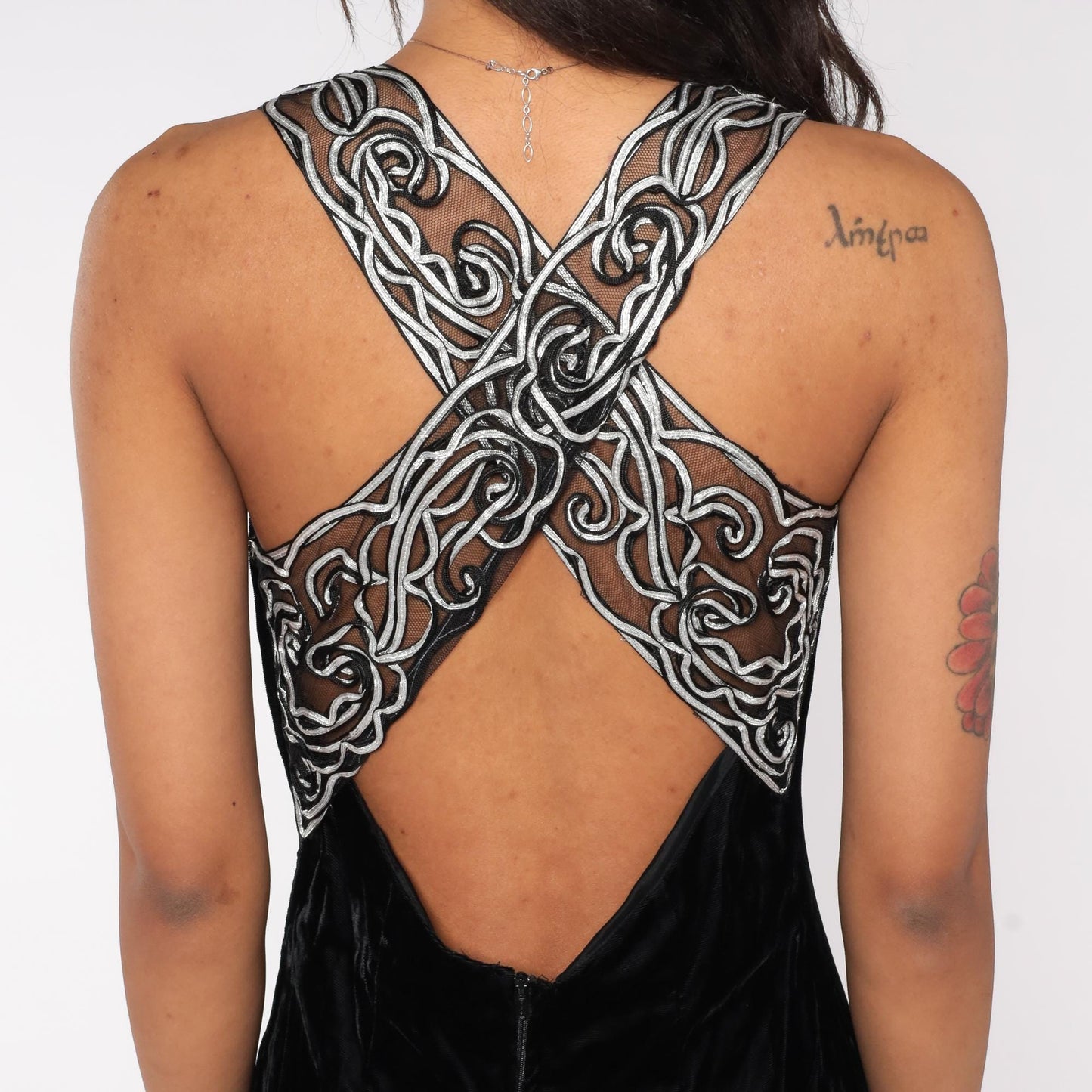 90s Roberta Black Velvet Maxi Gown Silver Embroidered Cross-Back Medium