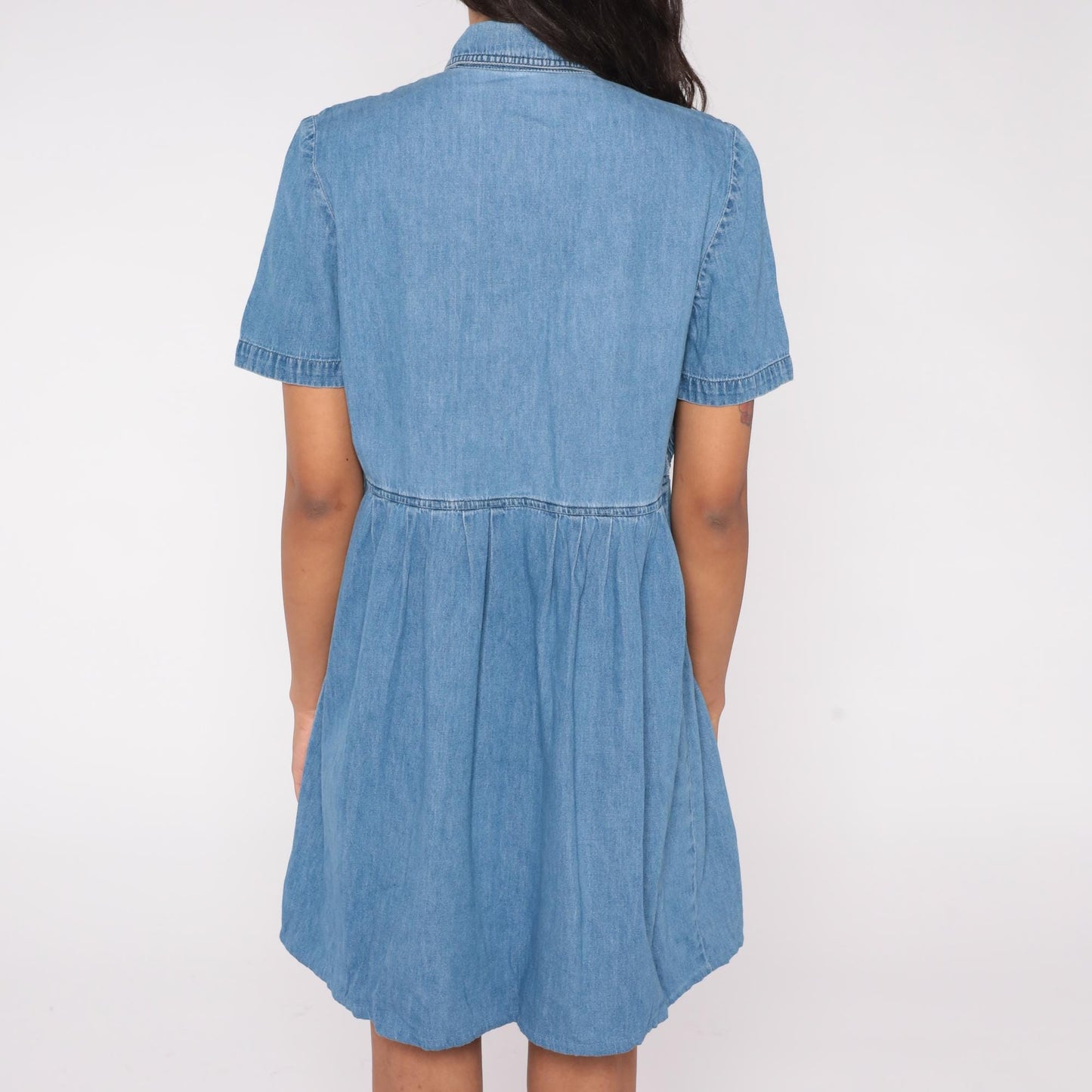 90s Floral Embroidered Denim Mini Dress Blue Collared Short Sleeve Large L
