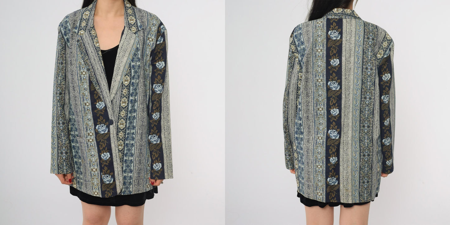 90s Judy Knapp Floral Tapestry Blazer Blue Cotton Linen Blend Single Button Large L