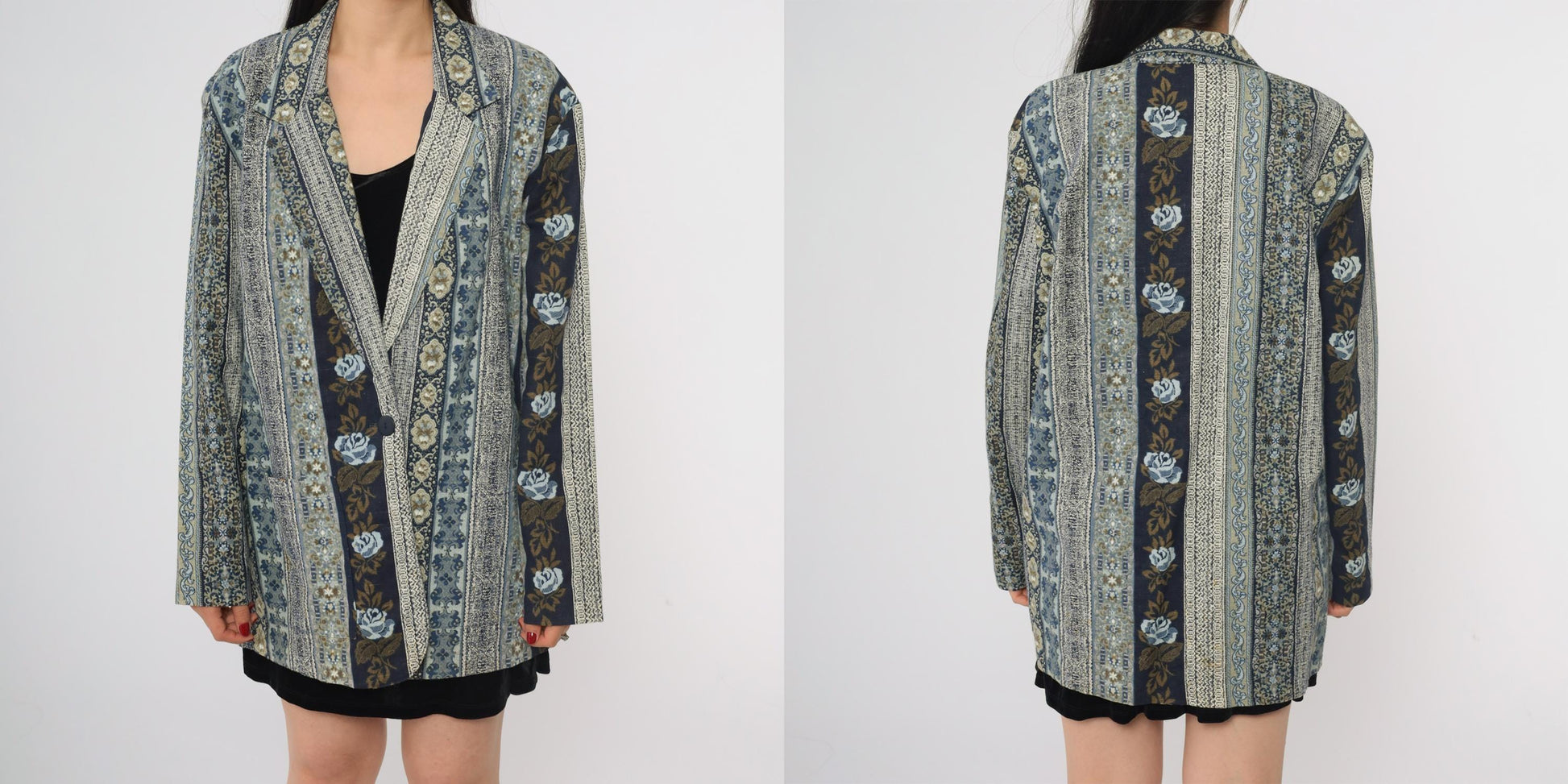 90s Judy Knapp Floral Tapestry Blazer Blue Cotton Linen Blend Single Button Large L