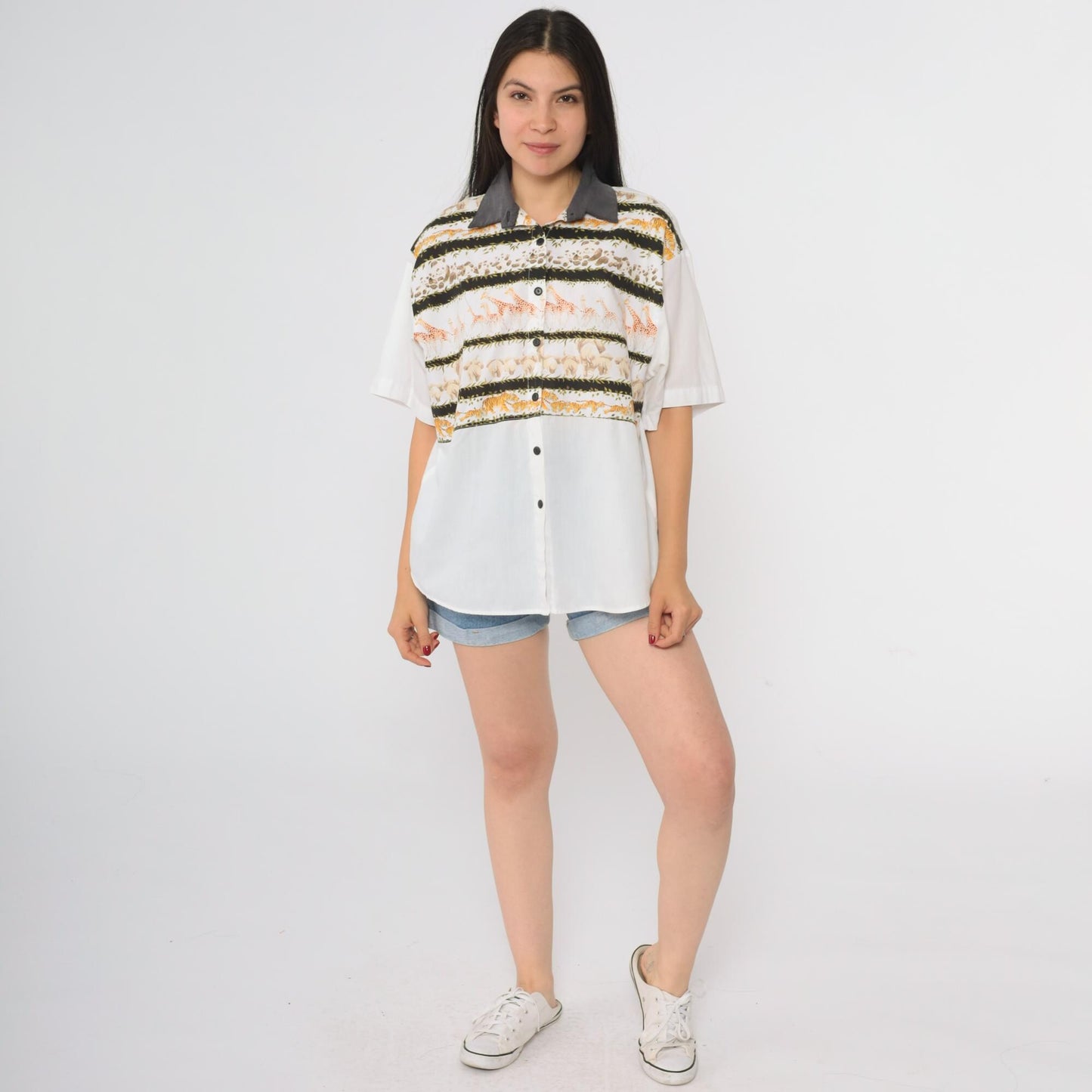 90s Tapestry Safari Animal Print Button-Up Blouse White Grey Collar Large