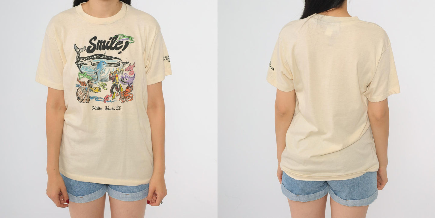 80s Hilton Head Scuba Diving T-Shirt Xpres Knits Cream Graphic Large