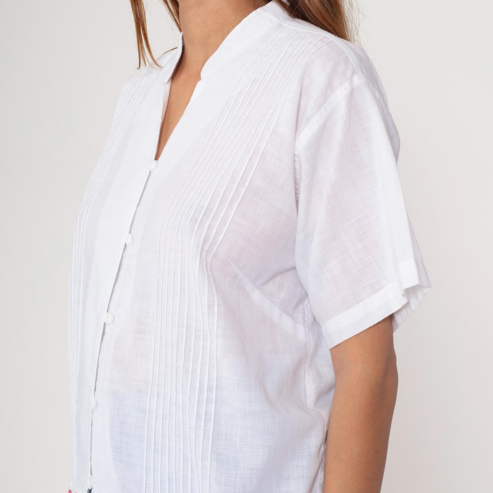 90s White Pink Rose Embroidered Button Down Blouse Mandarin Collar Large L