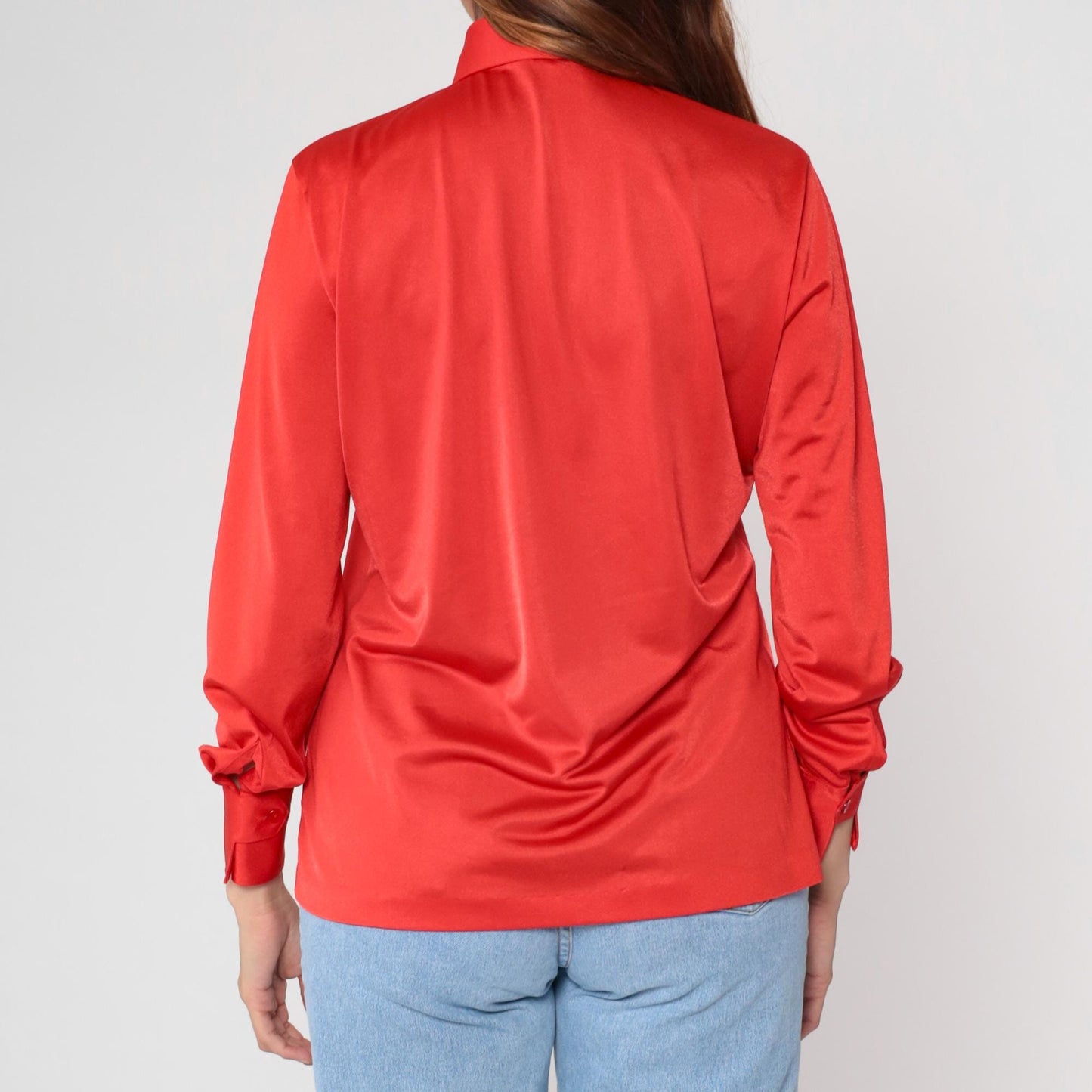 70s Coral Red Polyester Satin Button Up Blouse Pointed Collar Long Sleeve Medium M