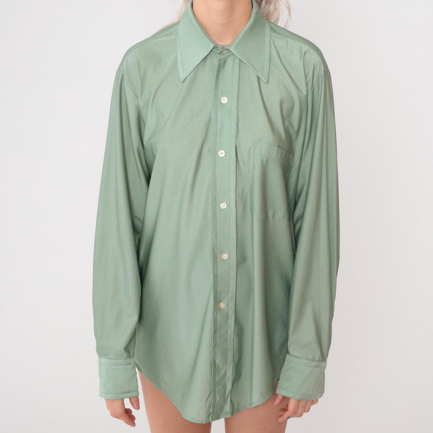70s Qiana Sage Green Button-Up Shirt Pointed Collar Long Sleeve Large