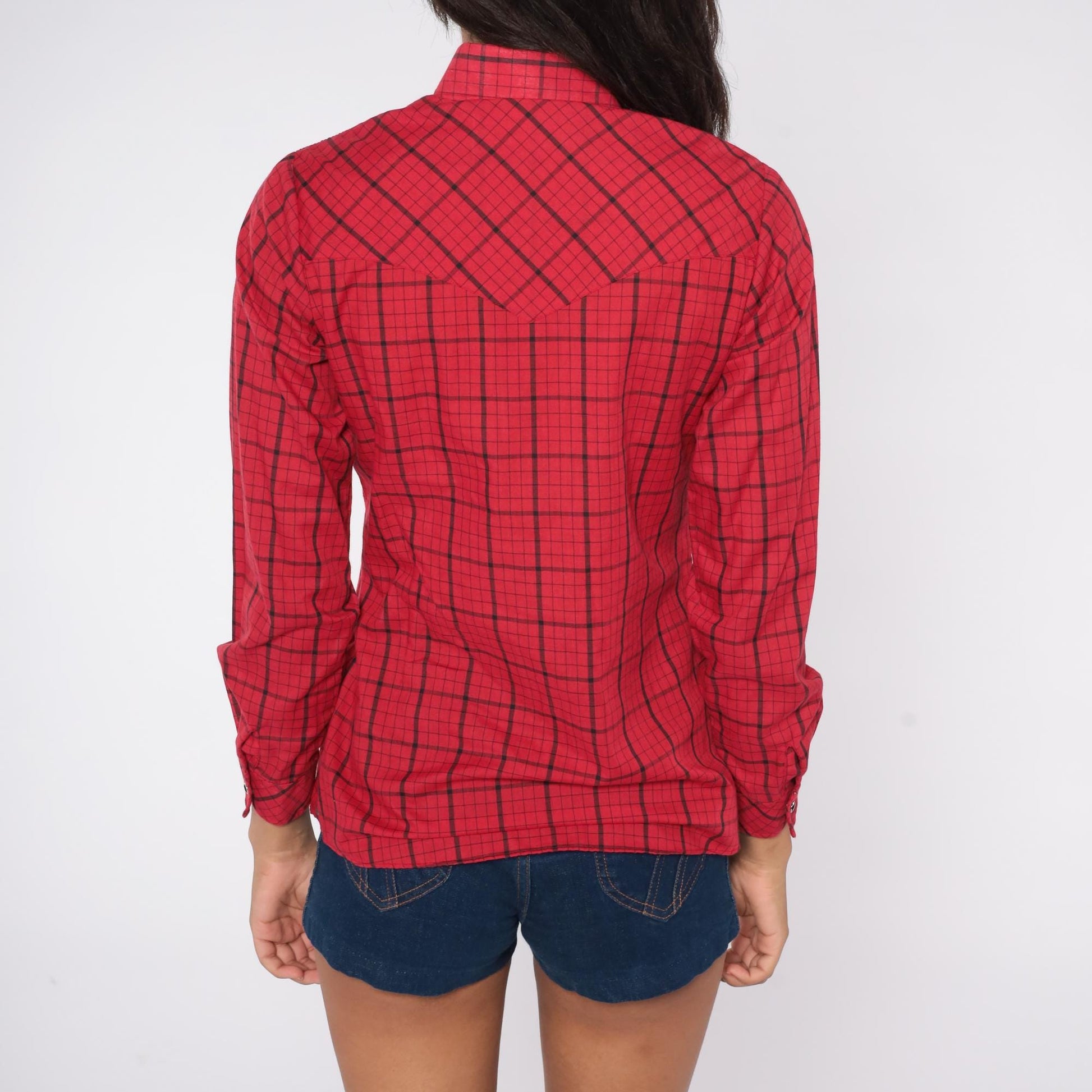 80s Cameo Rose Red Black Plaid Pearl Snap Western Shirt Small