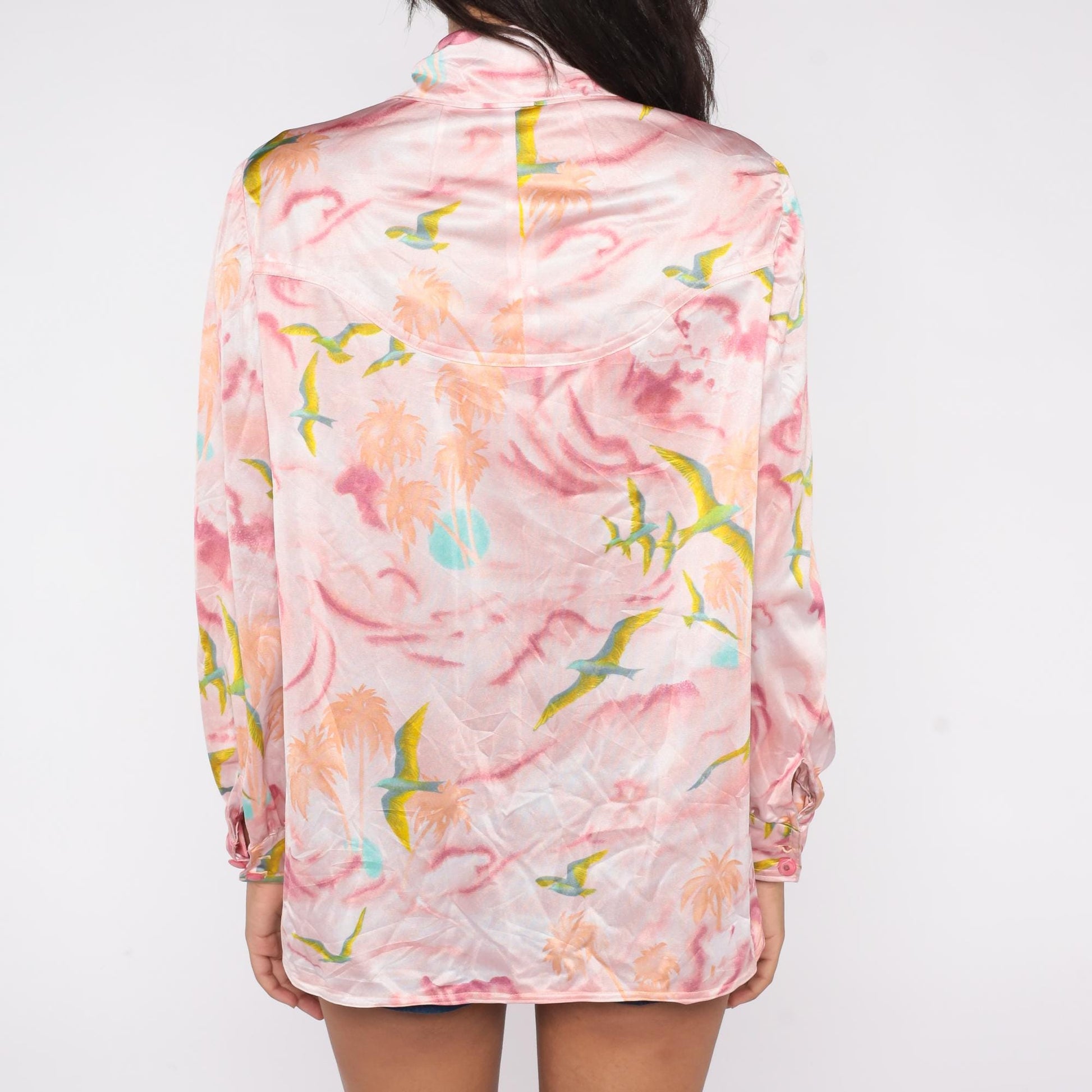 70s Pink Blouse Palm Tree Bird Watercolor Print Long Sleeve Medium