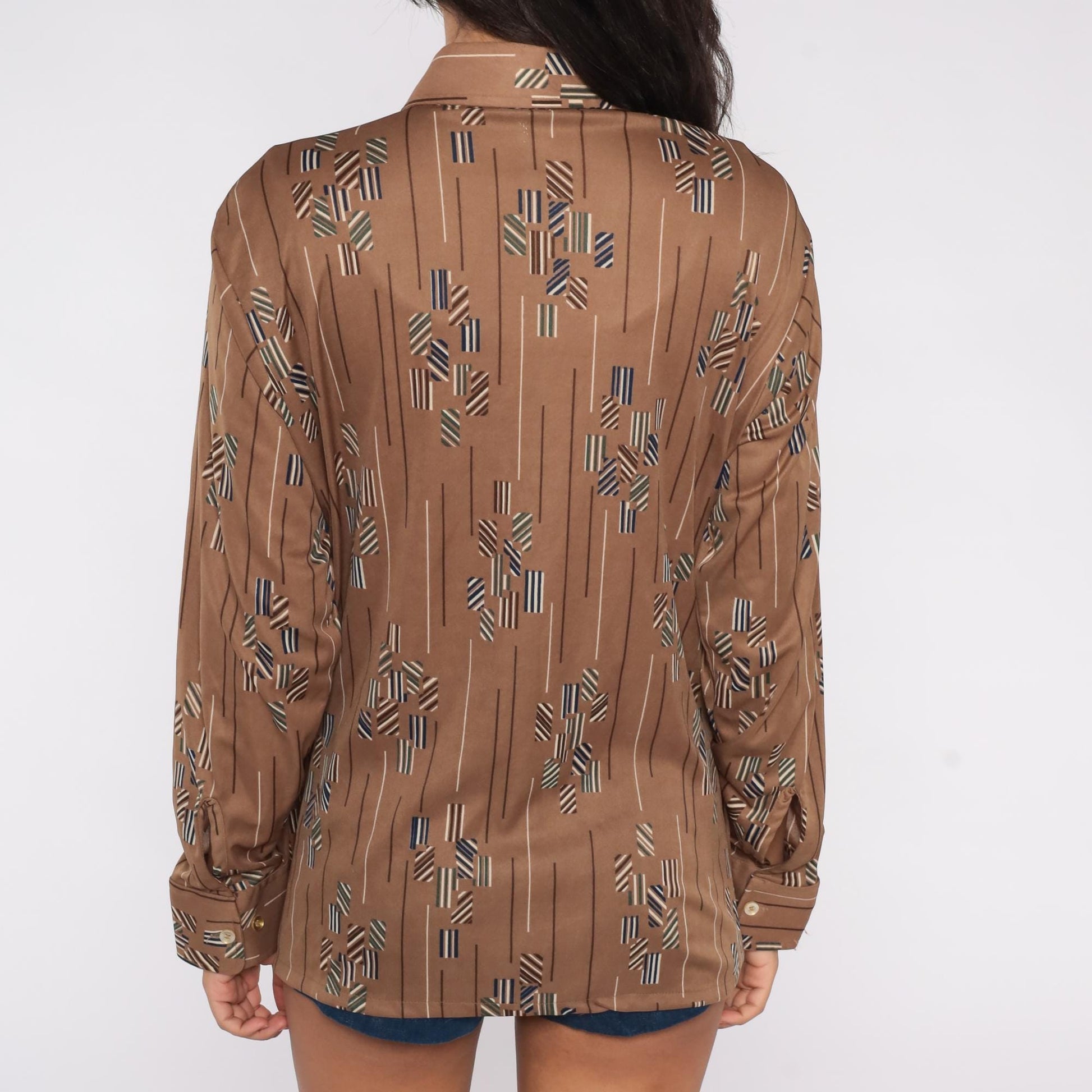 70s Moving Up Abstract Geometric Striped Button-Down Shirt Brown Tan Large
