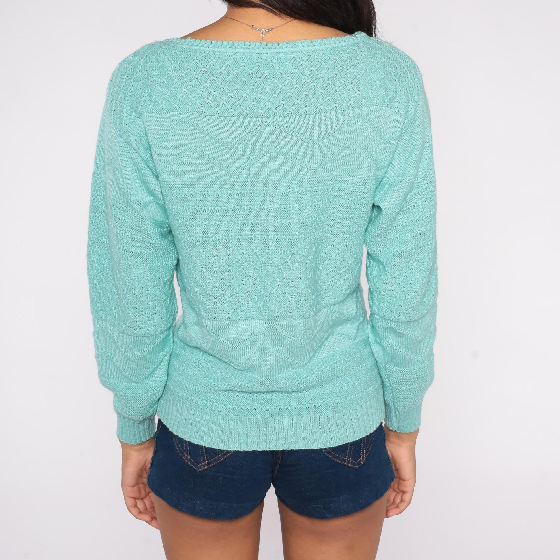 80s Cuddle Knit Mint Green Pointelle Sweater Crew Neck Long Sleeve Medium M