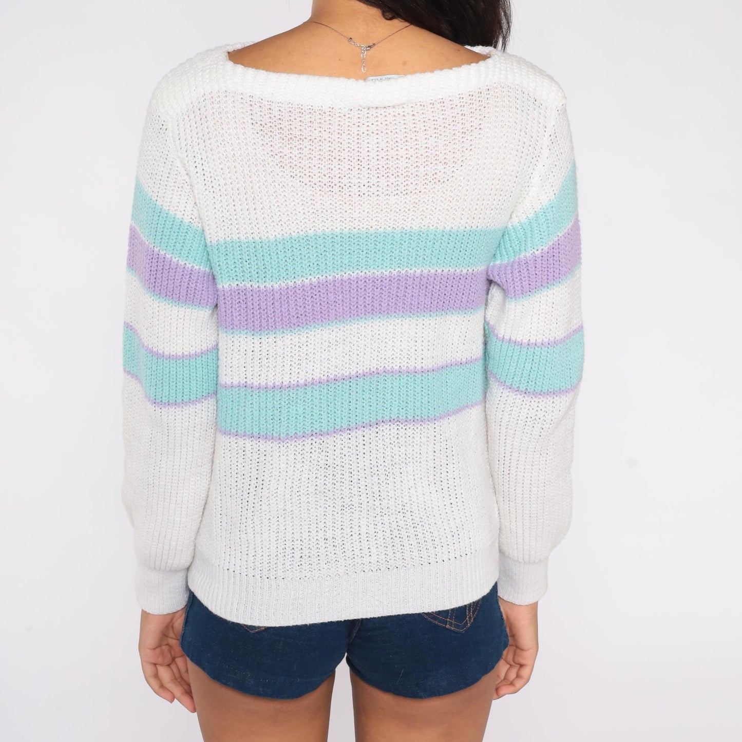 80s Green Lantern Striped Knit Sweater White Mint Lavender Small
