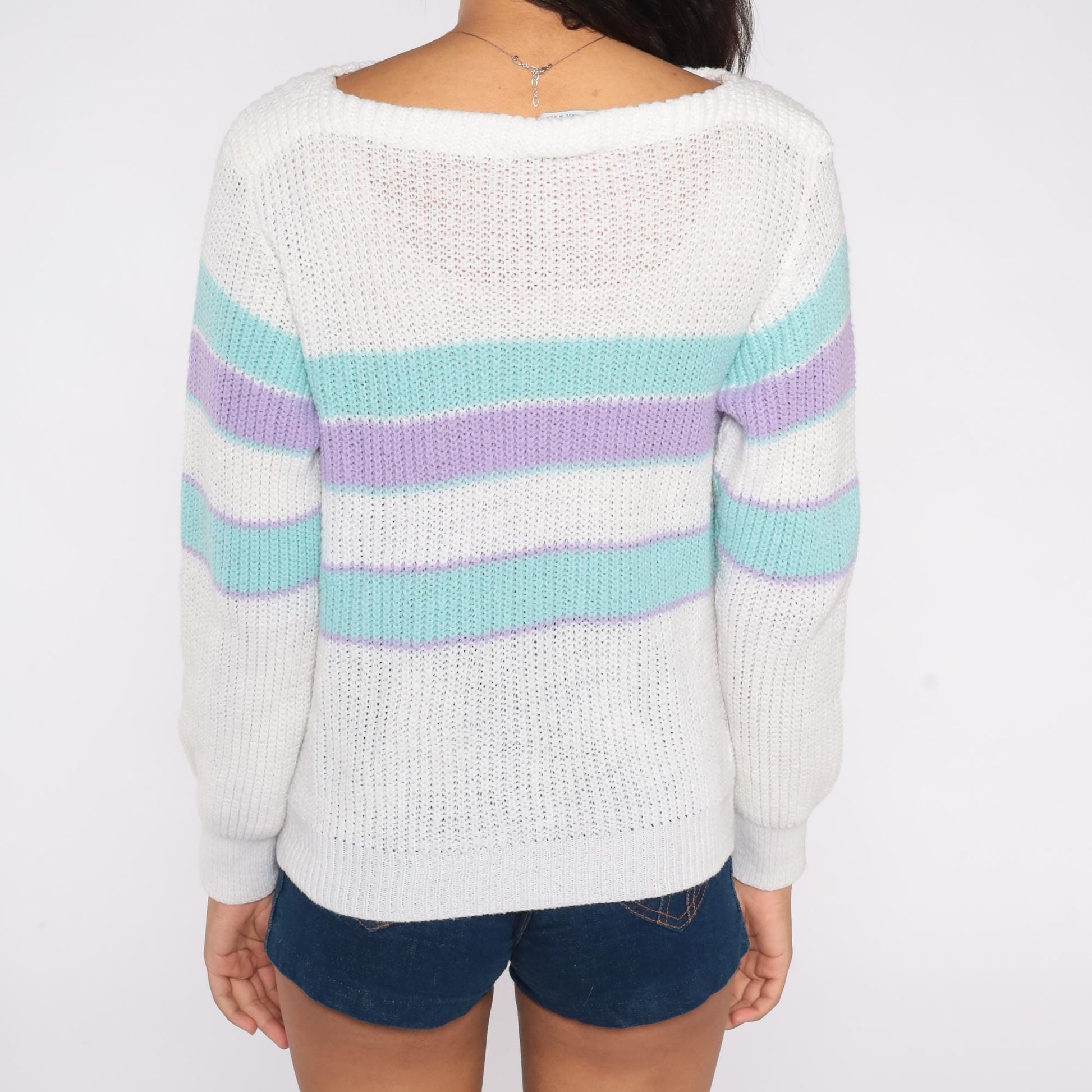 80s Green Lantern Striped Knit Sweater White Mint Lavender Small