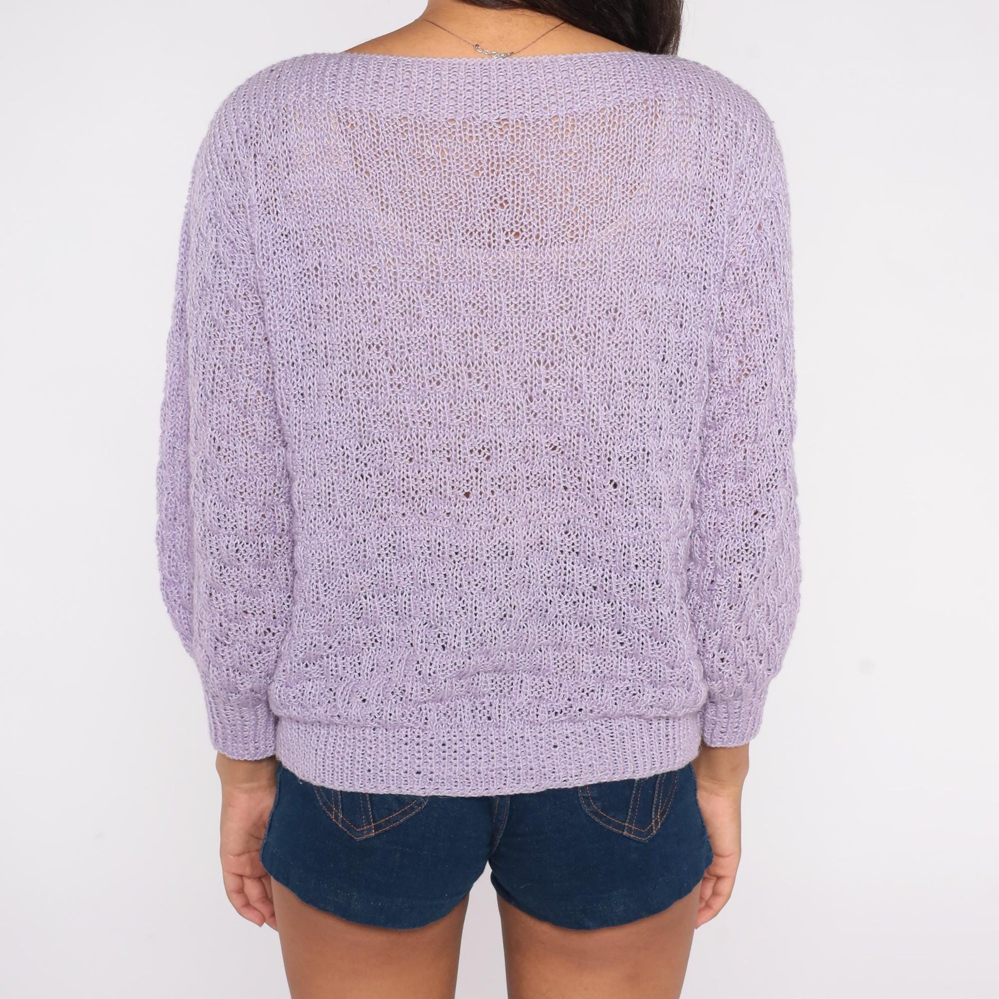 80s Lavender Knit Sweater Loose Weave Crew Neck Pullover Medium M
