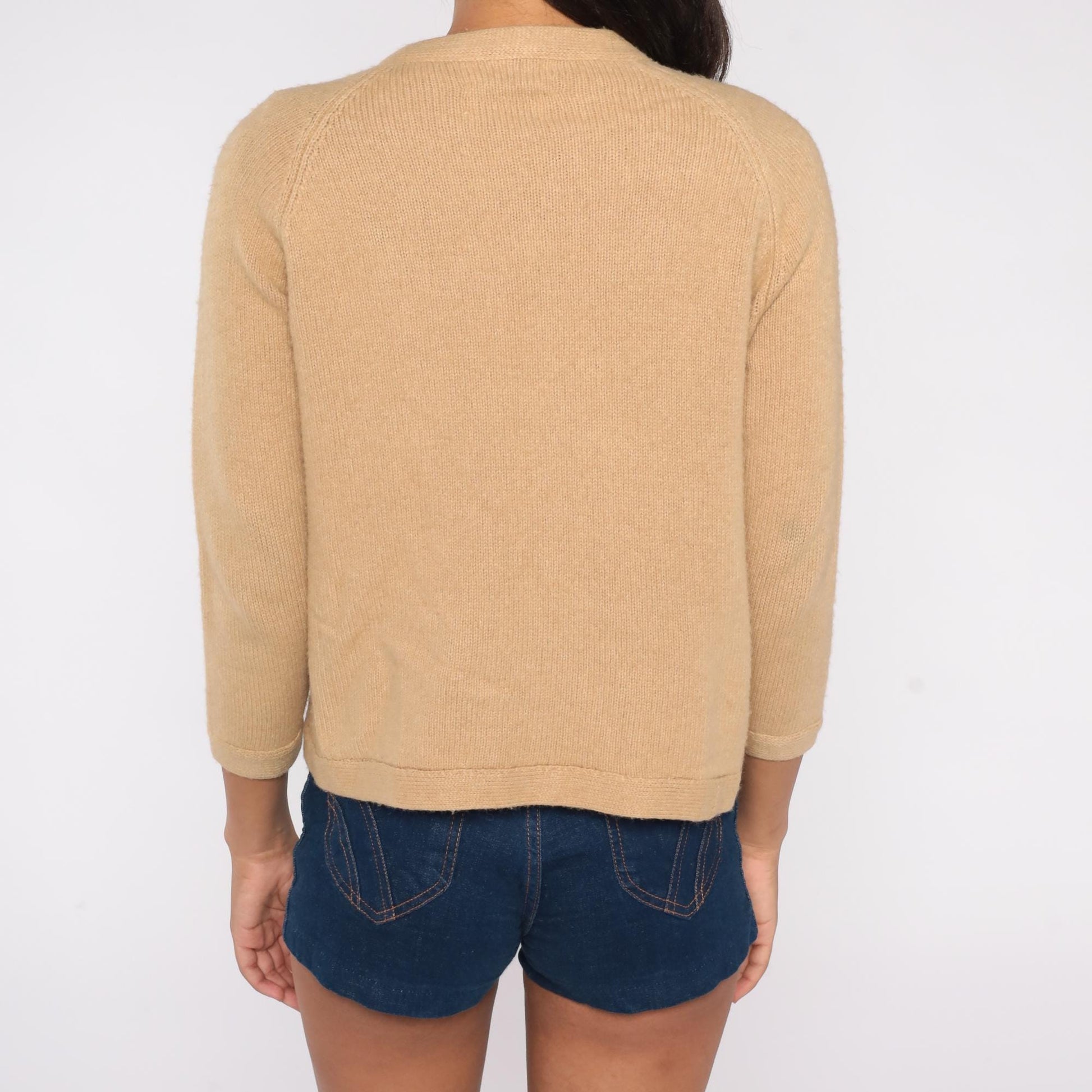 60s I. Magnin Camel Hair Cardigan Tan Gold Button Crew Neck XS