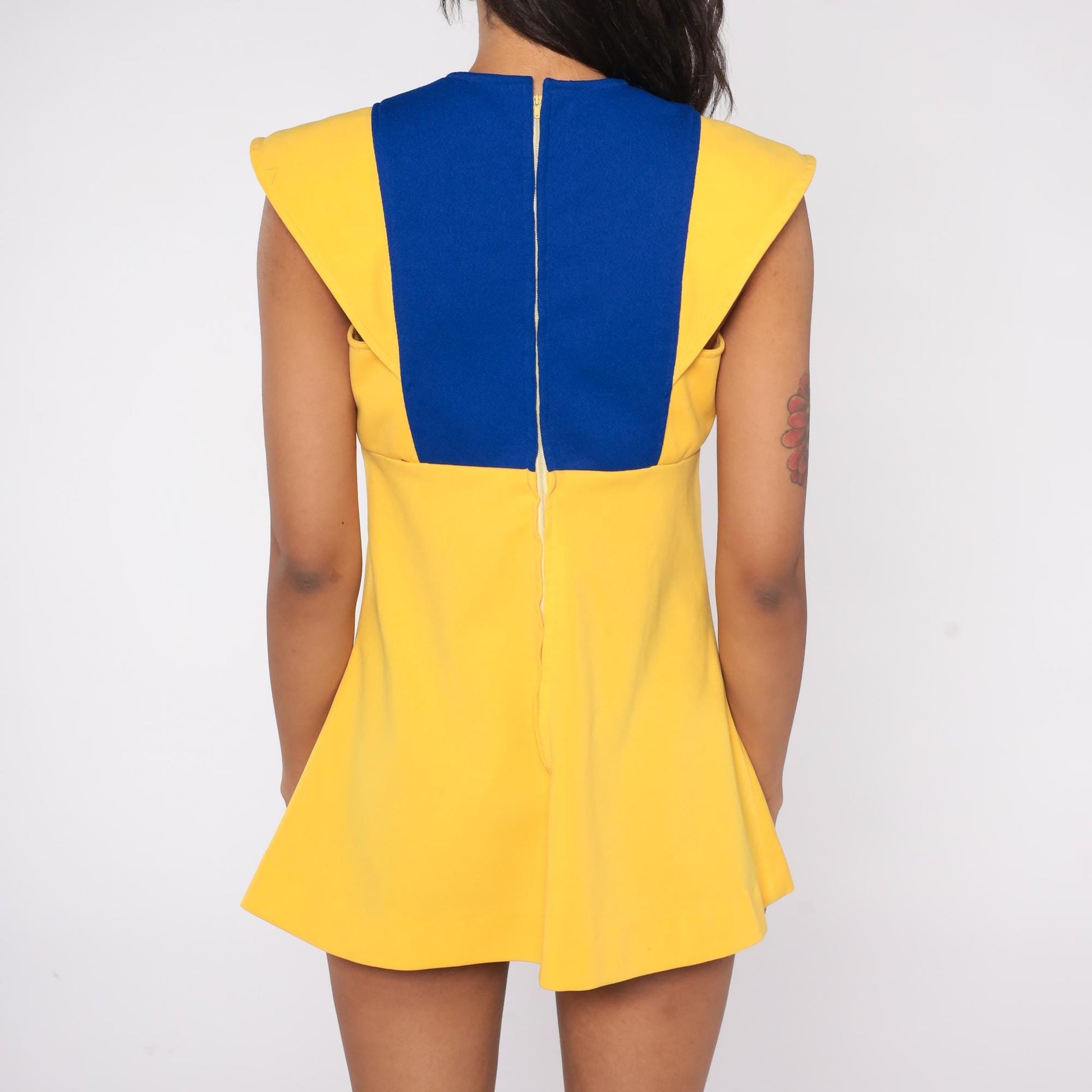 60s Space Age Color Block Mini Dress Yellow Blue Flutter Sleeve Small