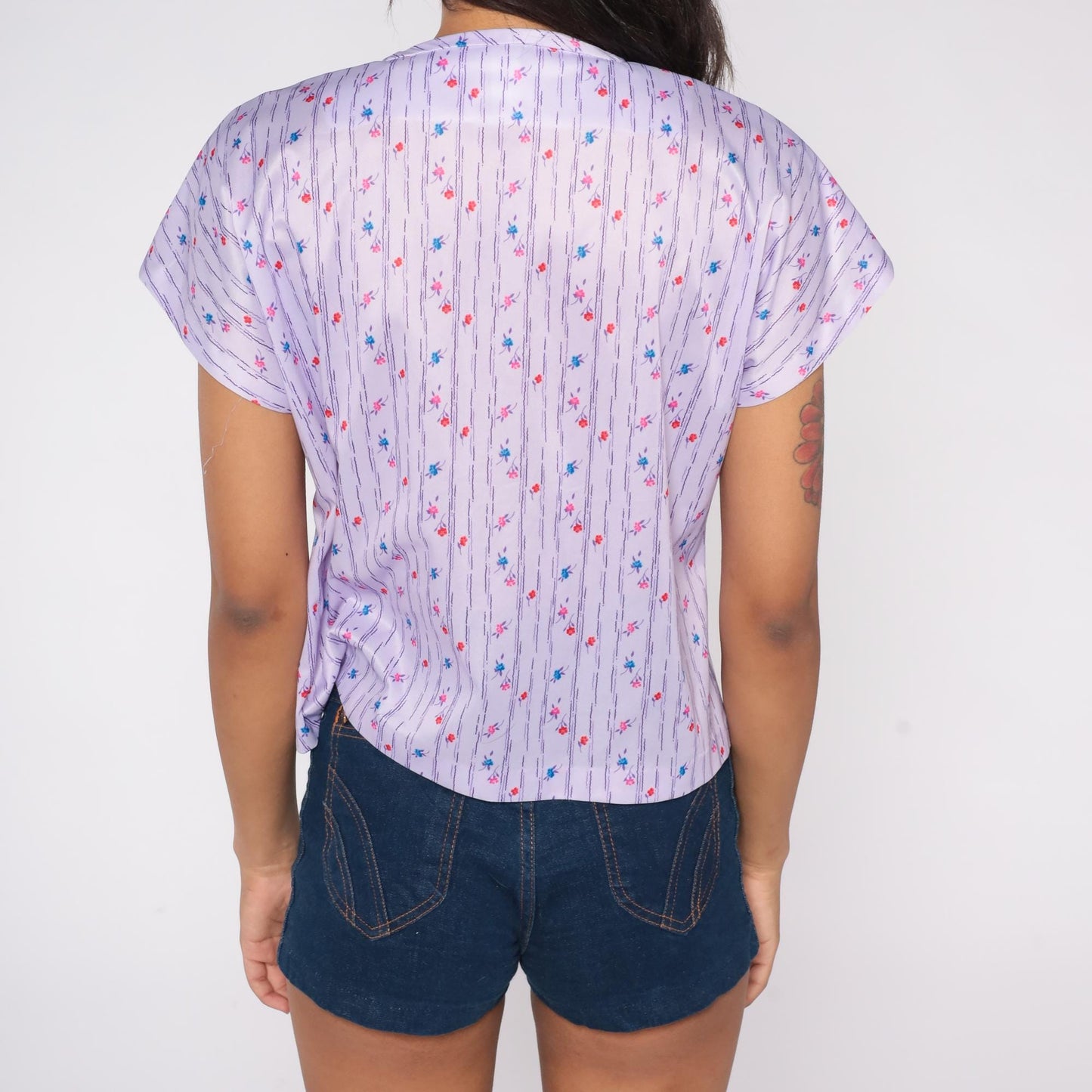 70s Lavender Floral Blouse Purple Striped Square Neck Button Front Short Sleeve Medium