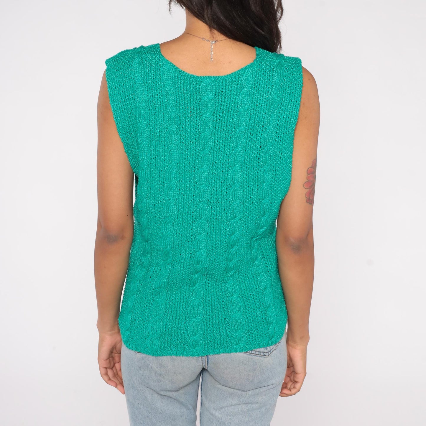 90s Emerald Cable Knit Vest Deep V-Neck Preppy Sleeveless Sweater Small S