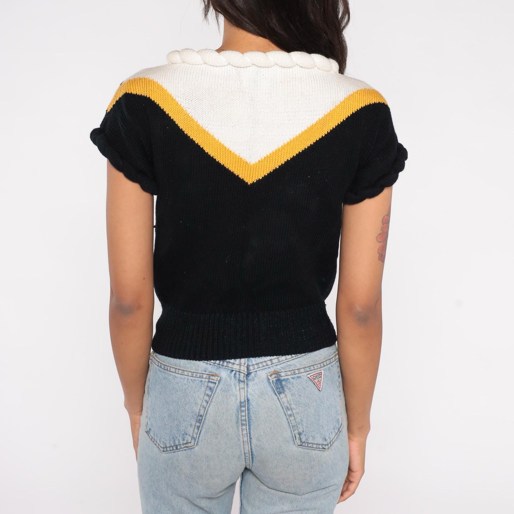 80s Lorna Adams Colorblock Knit Top Rope Collar Black Gold White Small