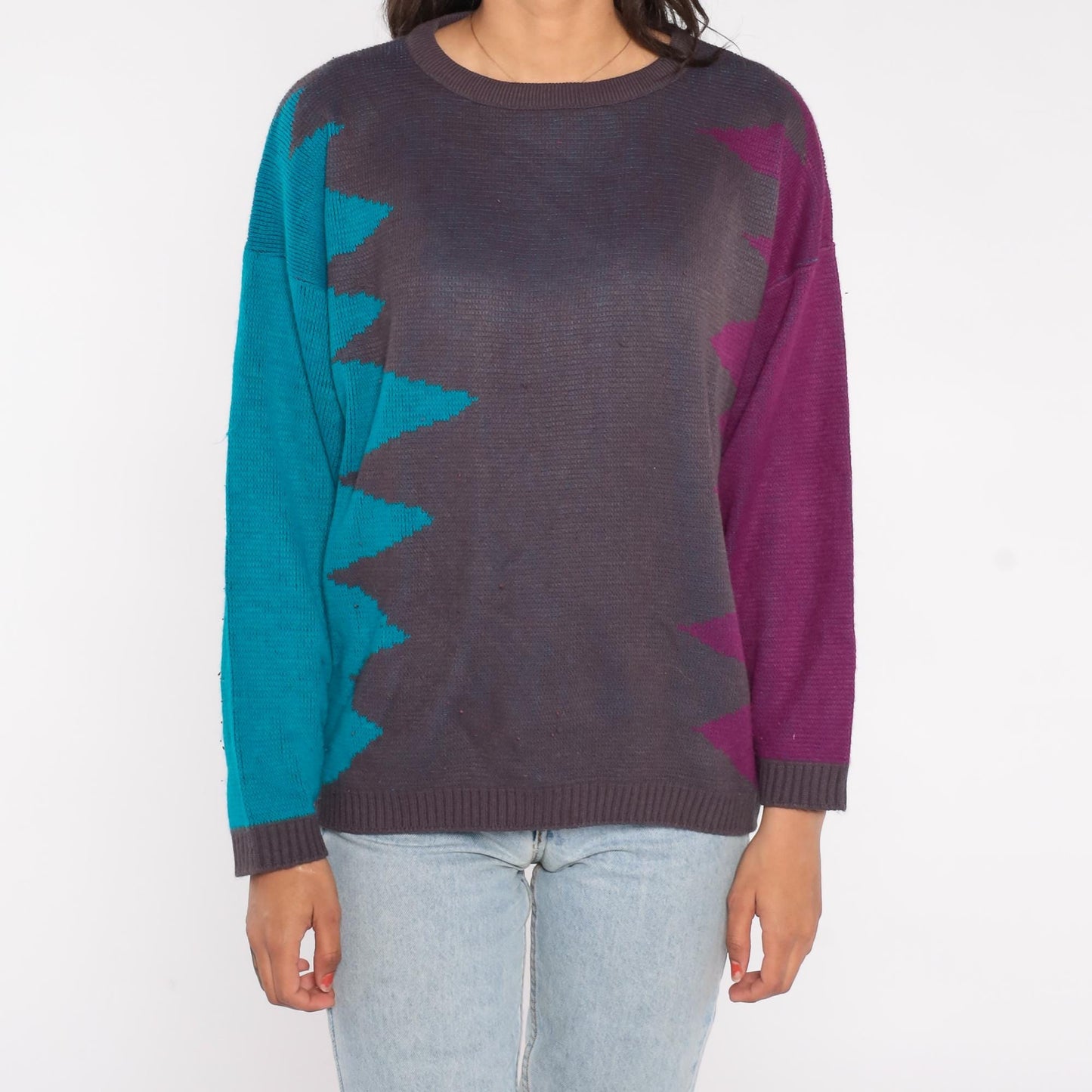 90s Geometric Color Block Sweater Teal Purple Charcoal Crewneck Medium