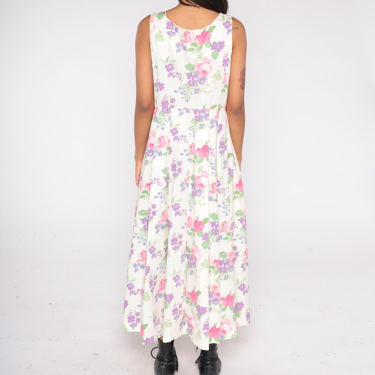 90s Chadwick's Floral Maxi Dress Button Front Cotton Scoop Neck White Pink Purple Large L