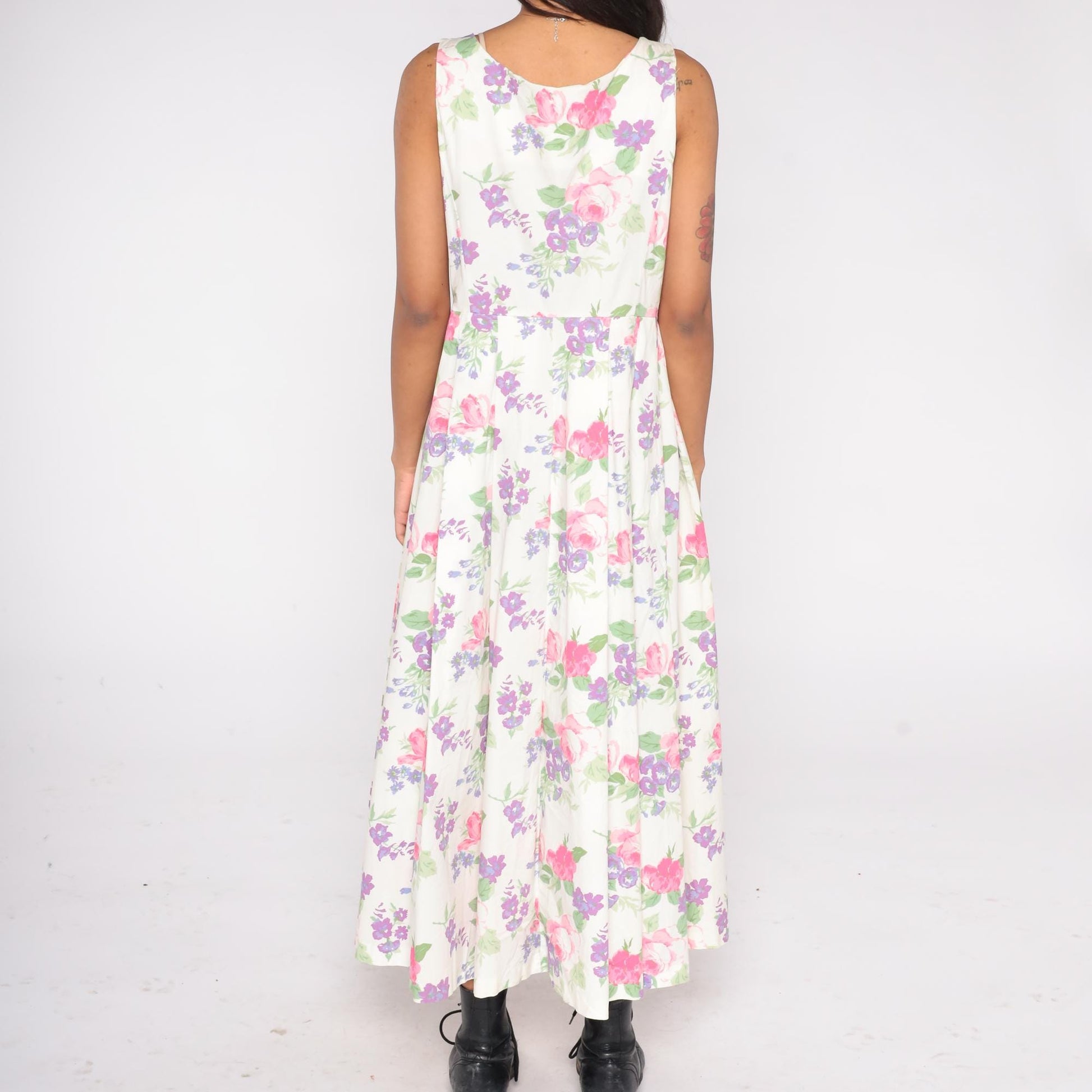 90s Chadwick's Floral Maxi Dress Button Front Cotton Scoop Neck White Pink Purple Large L