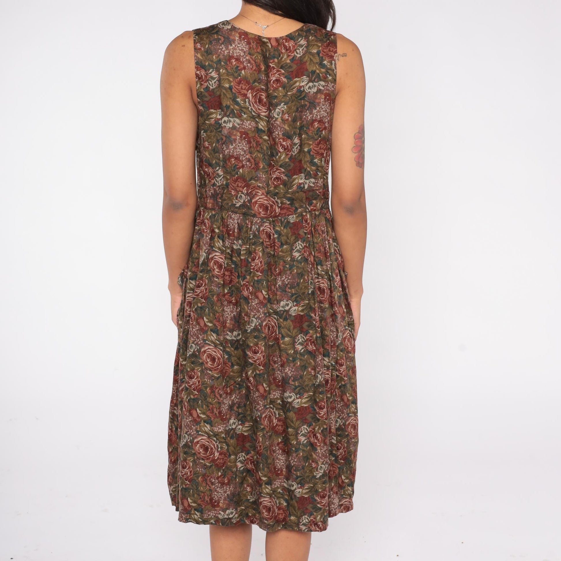 90s Floral Midi Dress Deep V Neck Fit and Flare Brown Green Rose Print Pockets Medium M