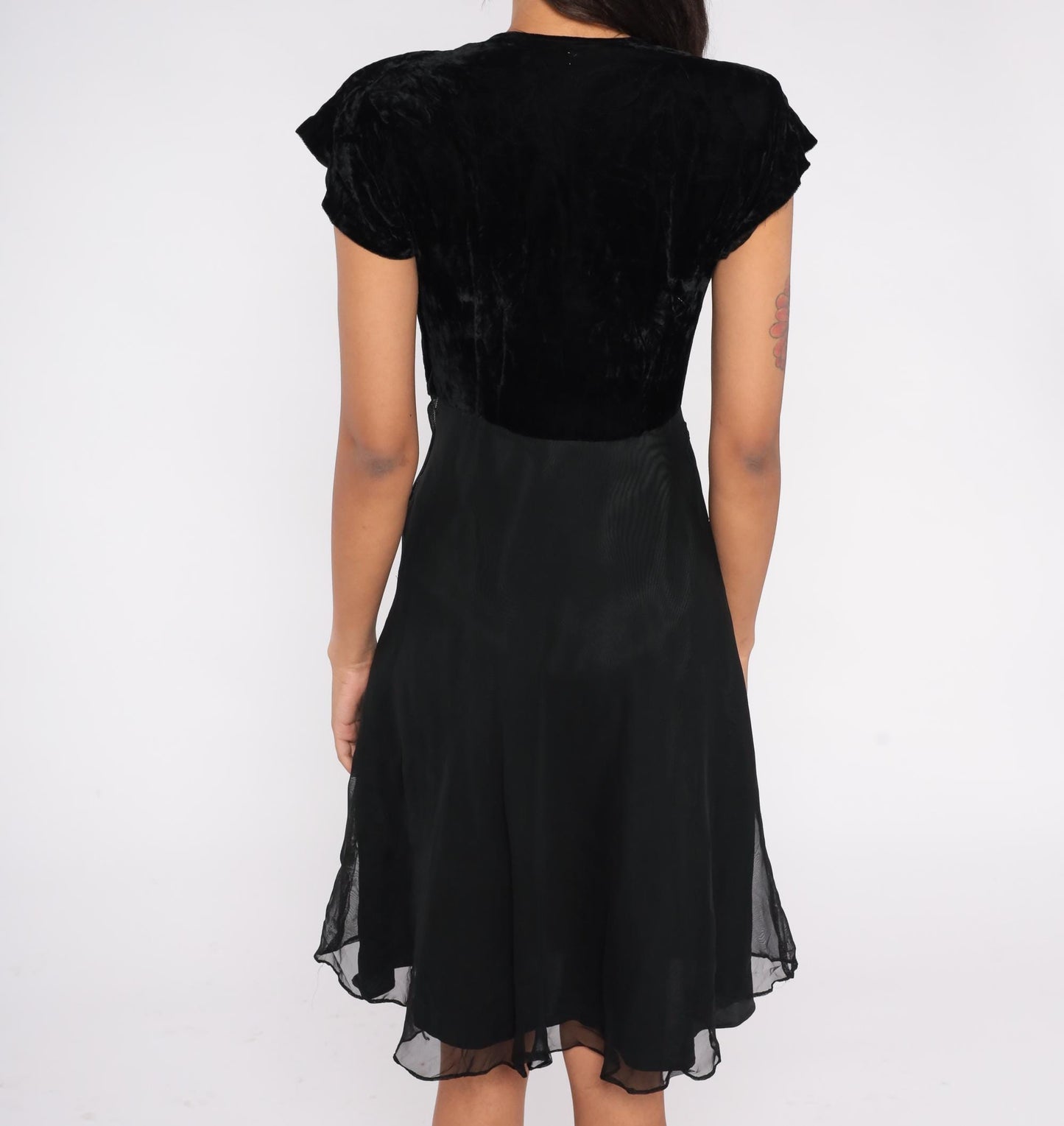 1940s Kayo Dress Black Velvet Sequin Floral Applique Fit and Flare Cocktail Dress Extra Small XS