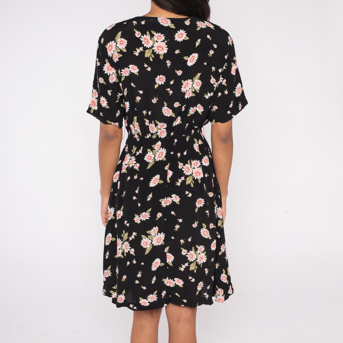 90s Esther Collection Black Daisy Floral Midi Dress Pink Print Small