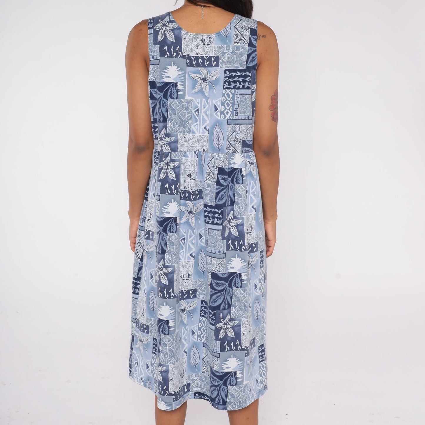 90s Blair Blue Patchwork Floral Midi Dress Sleeveless Button Front Small