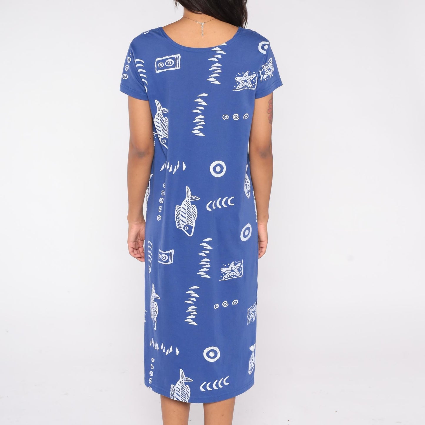 90s Exist Sport Line Blue Fish Print Midi Dress Scoop Neck Short Sleeve Small
