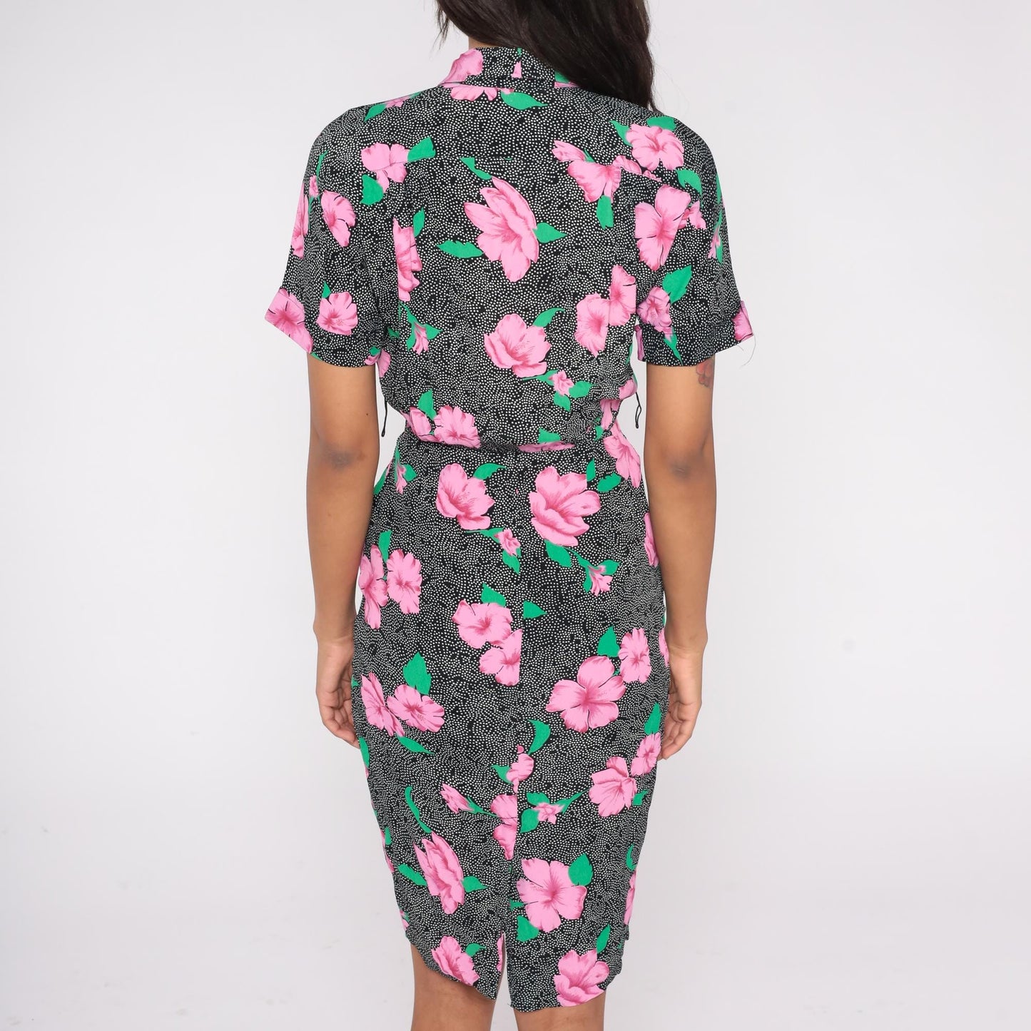 90s Jackie Bernard Floral Wrap Dress Pink Hibiscus Black Knee Length Small