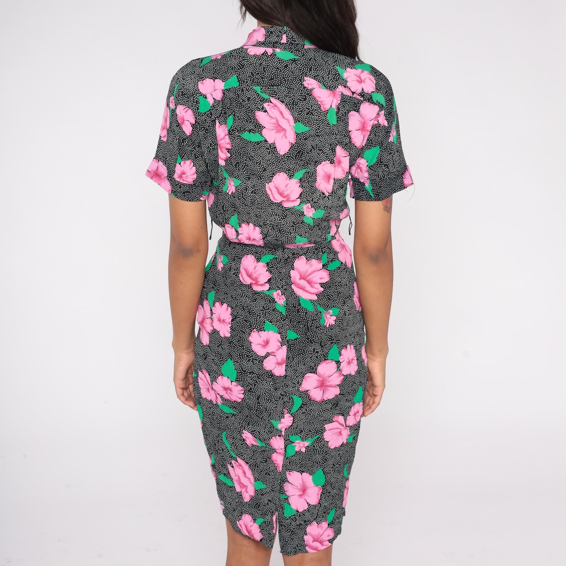 90s Jackie Bernard Floral Wrap Dress Pink Hibiscus Black Knee Length Small