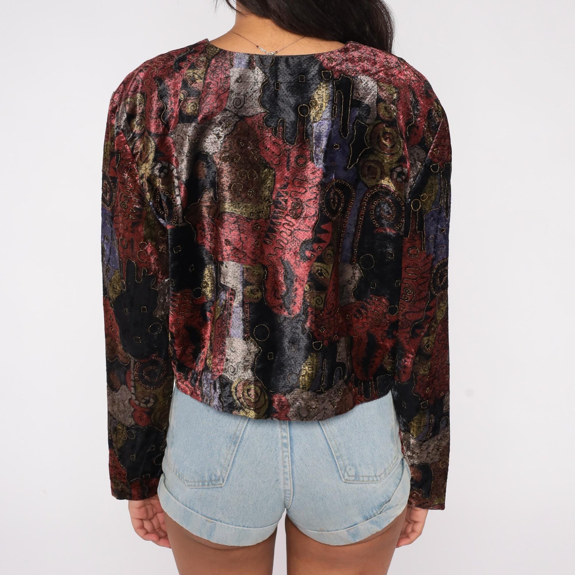 90s Options Melrose Cropped Jacket Abstract Art Pattern Burgundy Purple Gold Black Medium