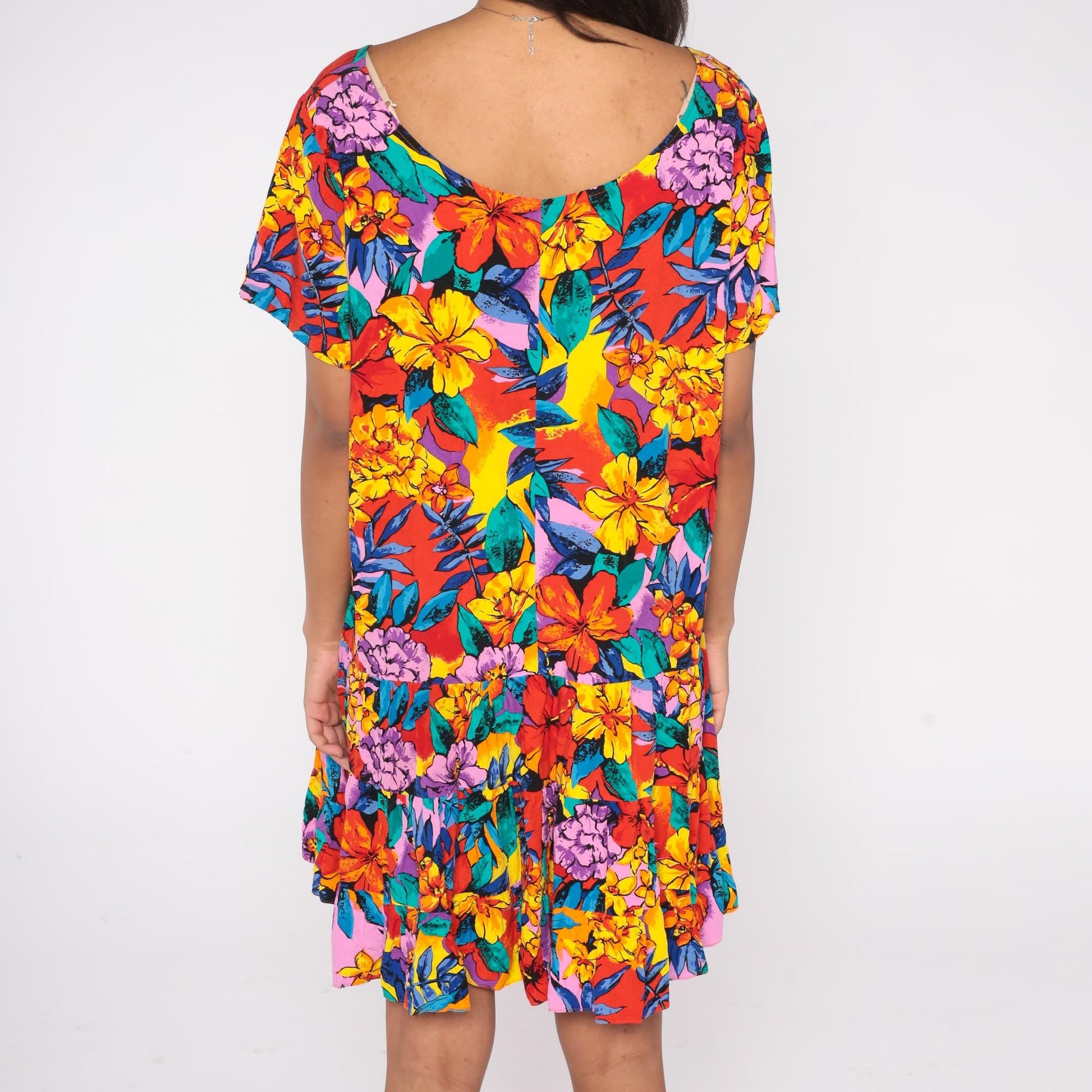 90s Tropical Floral Mini Dress Hibiscus Print Drop Waist Ruffle Medium M