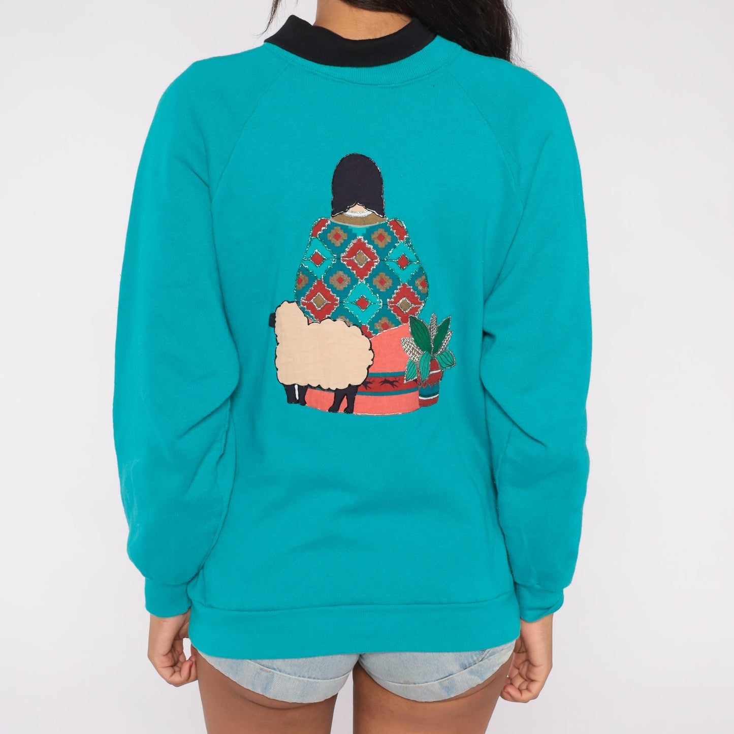 90s Southwestern Collared Sweatshirt Turquoise Native American Applique Large L