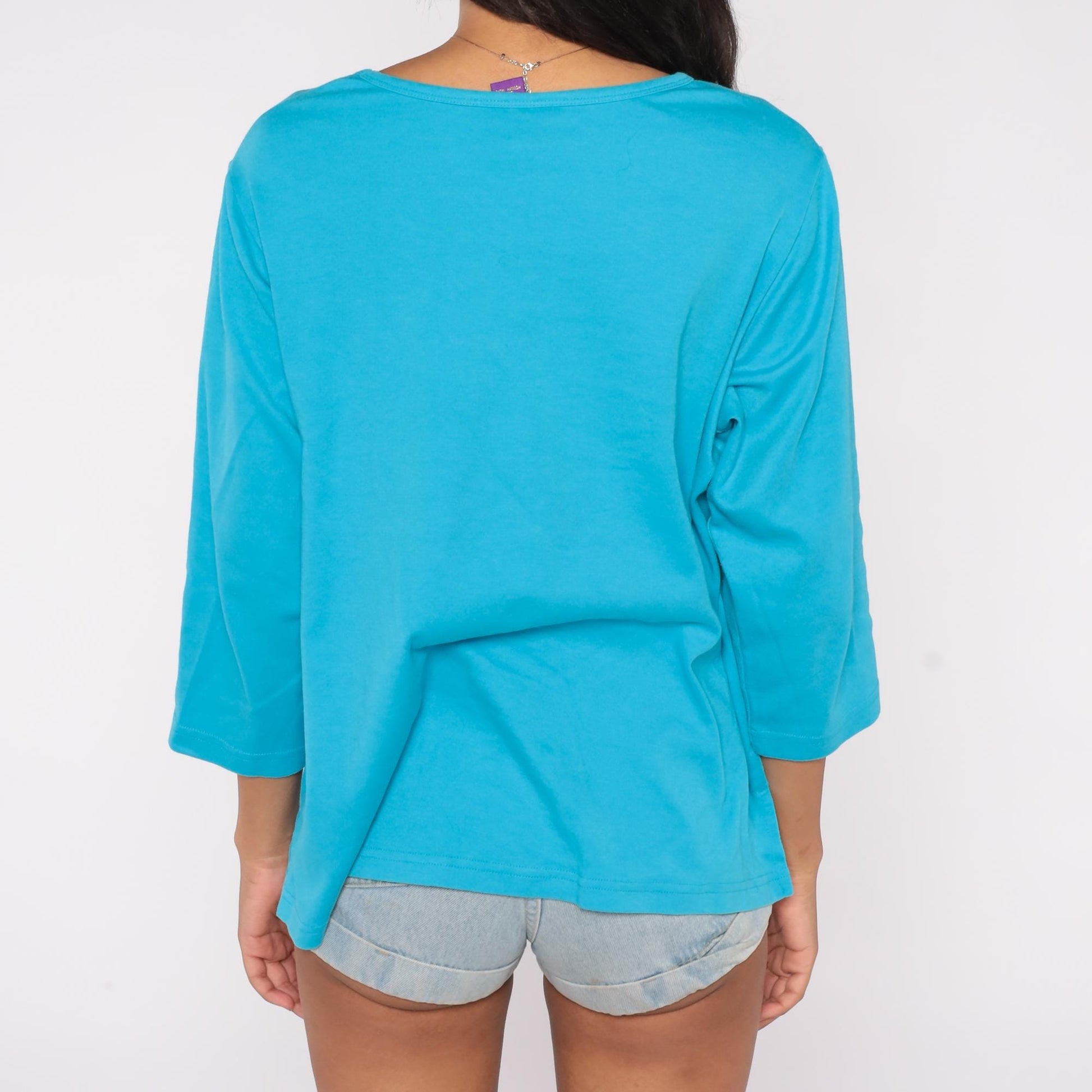 90s Sunflower Bee Embroidered Turquoise Cotton Knit Top Long Sleeve Extra Large XL