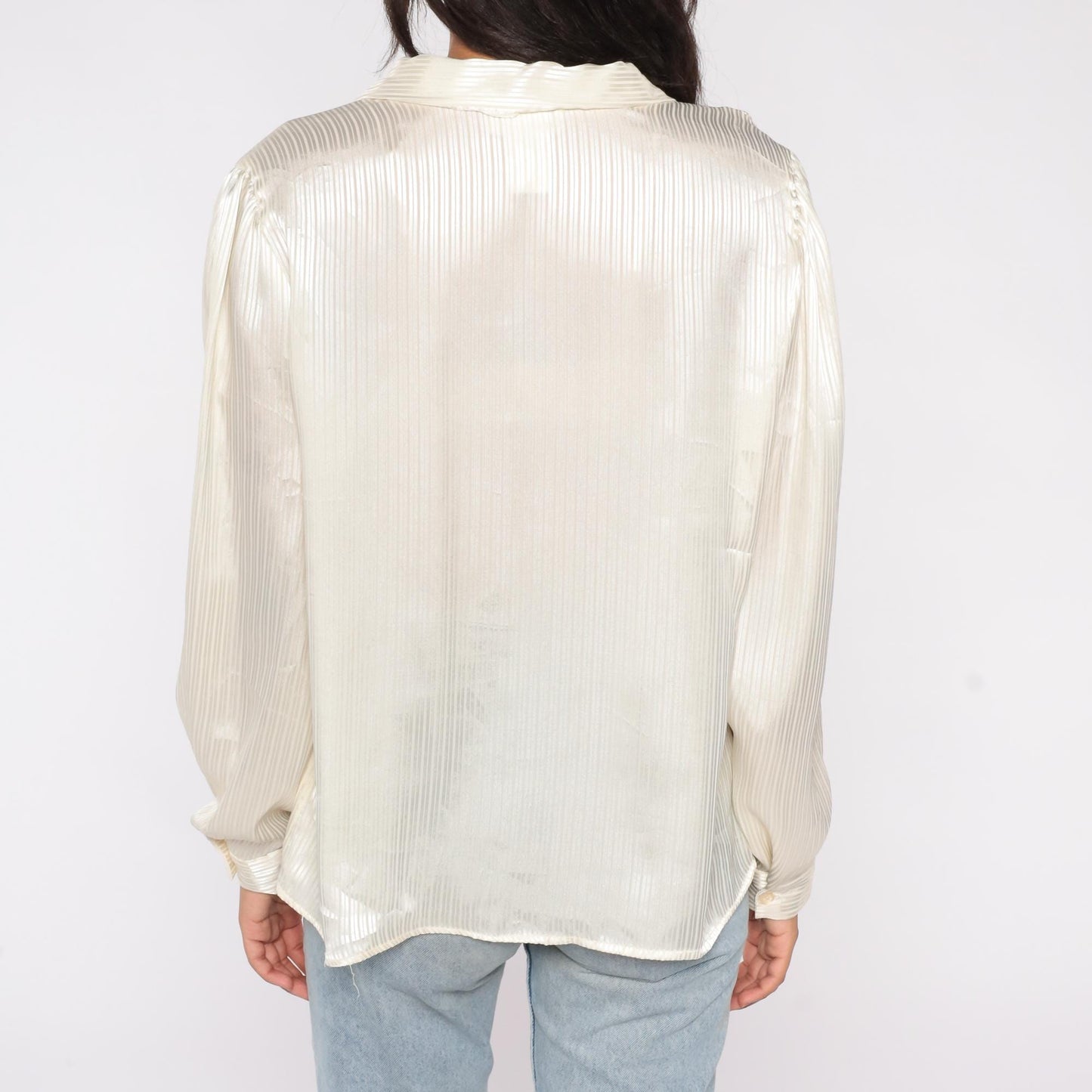 90s That's What! of California Satin Blouse Cream Striped Button Up V Neck Large