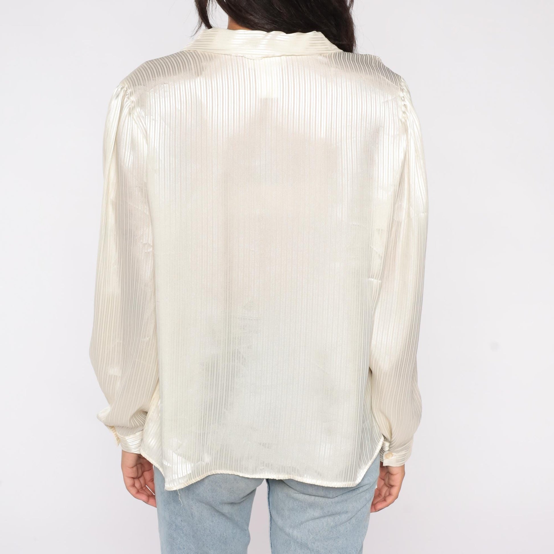 90s That's What! of California Satin Blouse Cream Striped Button Up V Neck Large