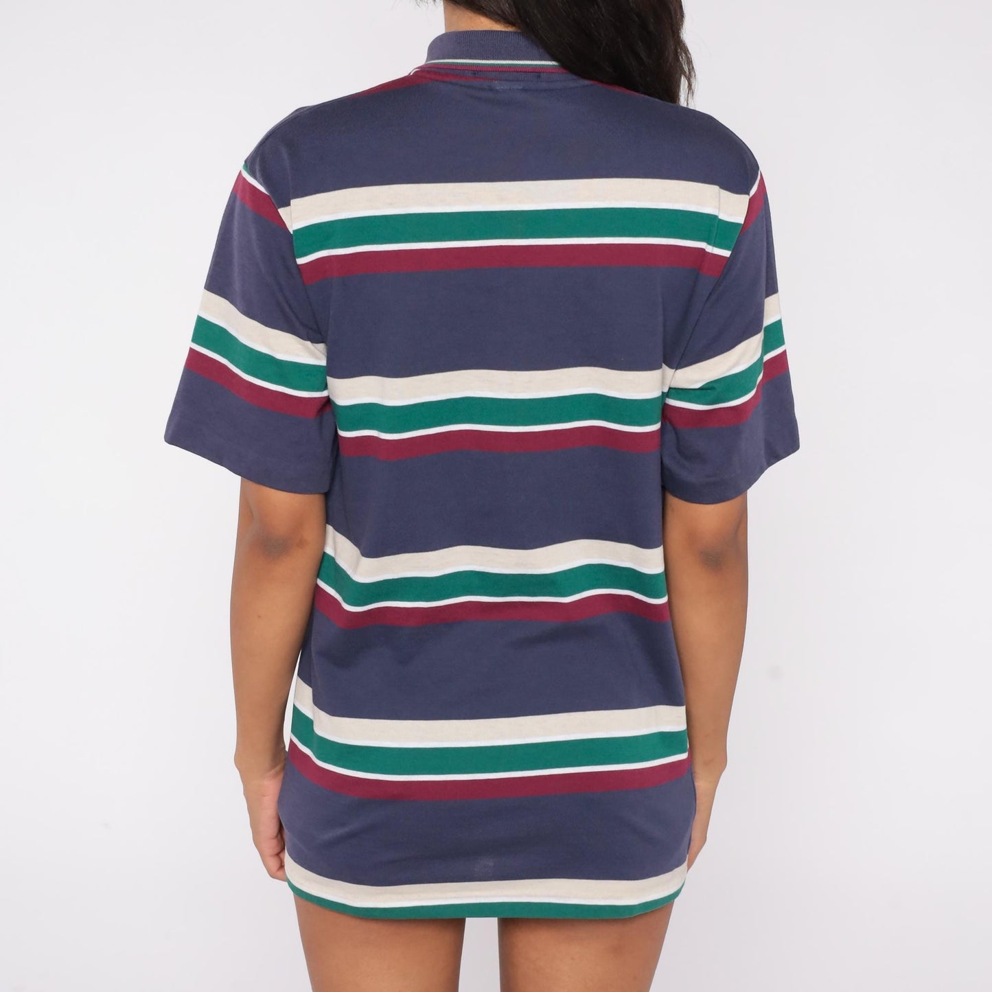 80s Penguin Club Striped Polo Shirt Navy Cream Green Burgundy Medium M