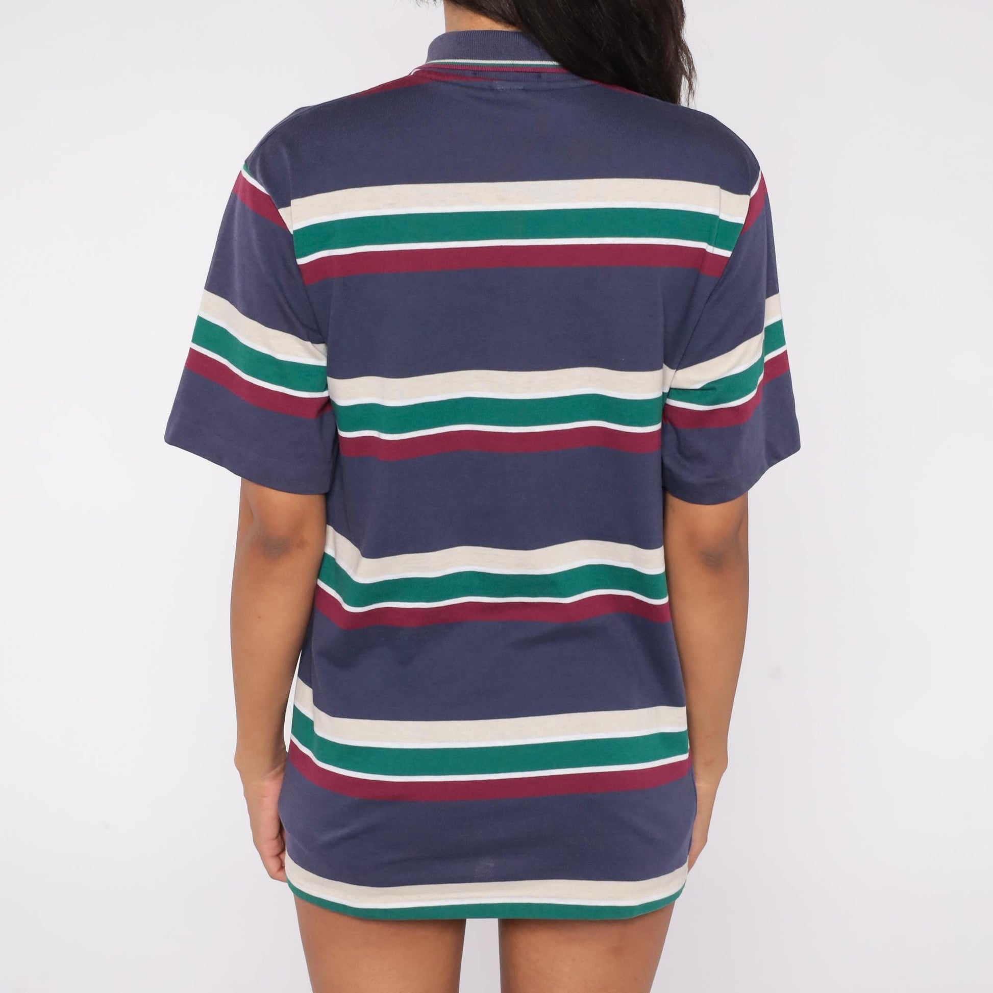 80s Penguin Club Striped Polo Shirt Navy Cream Green Burgundy Medium M