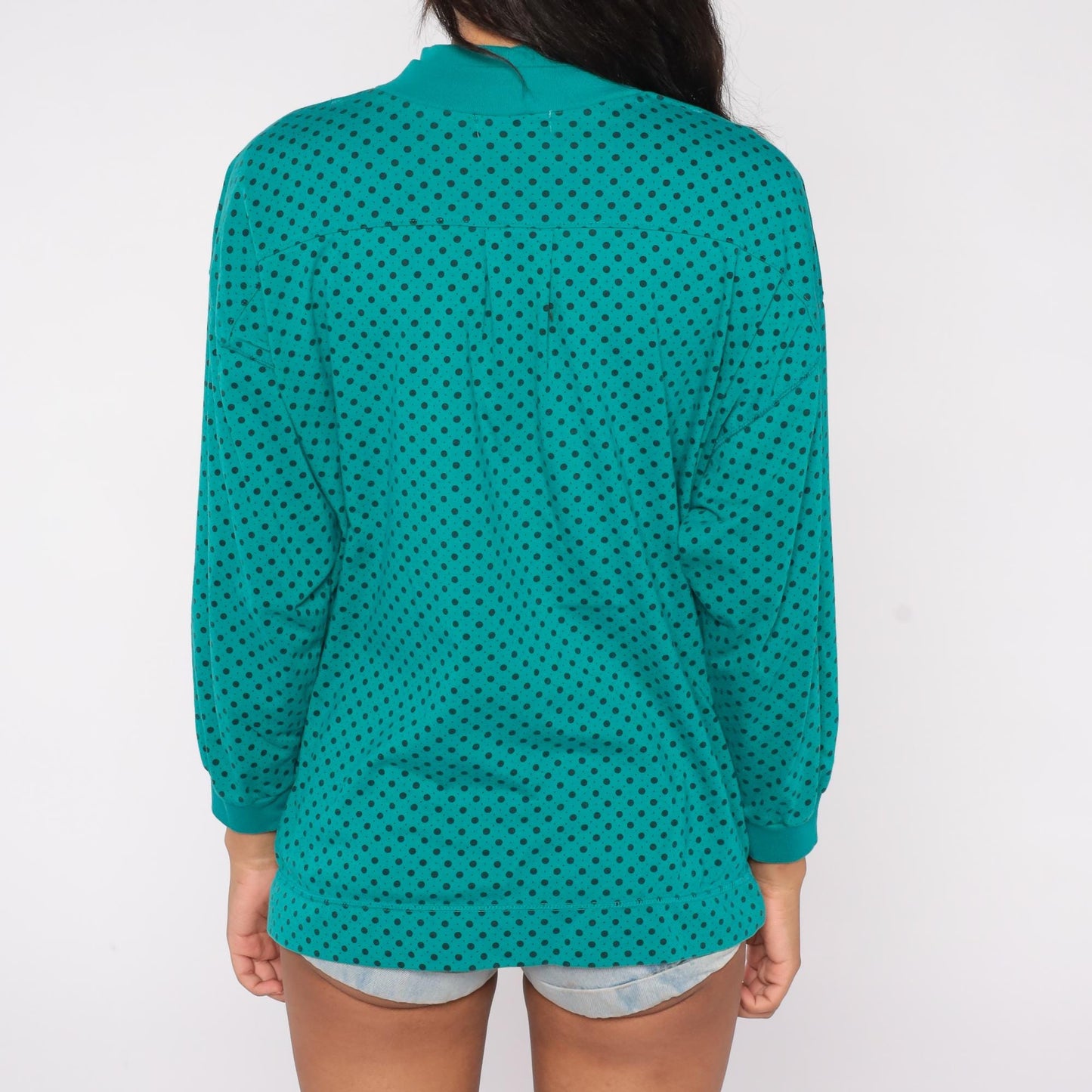90s Victoria Jones Teal Polka Dot Mock Neck Sweatshirt Cotton Blend Large L