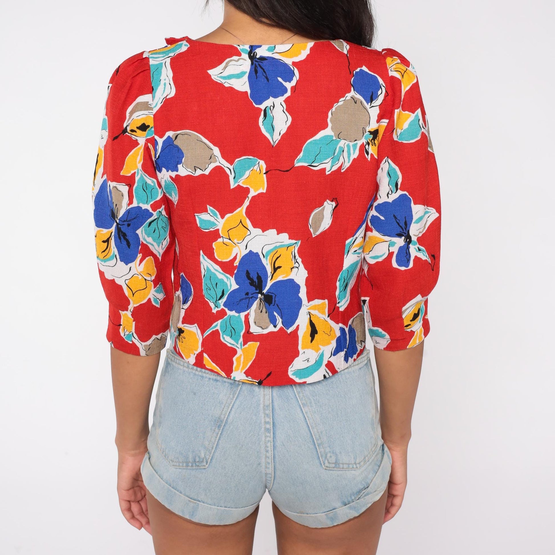 80s Abstract Floral Button Blouse Red Teal Yellow Puff Sleeve Extra Small XS