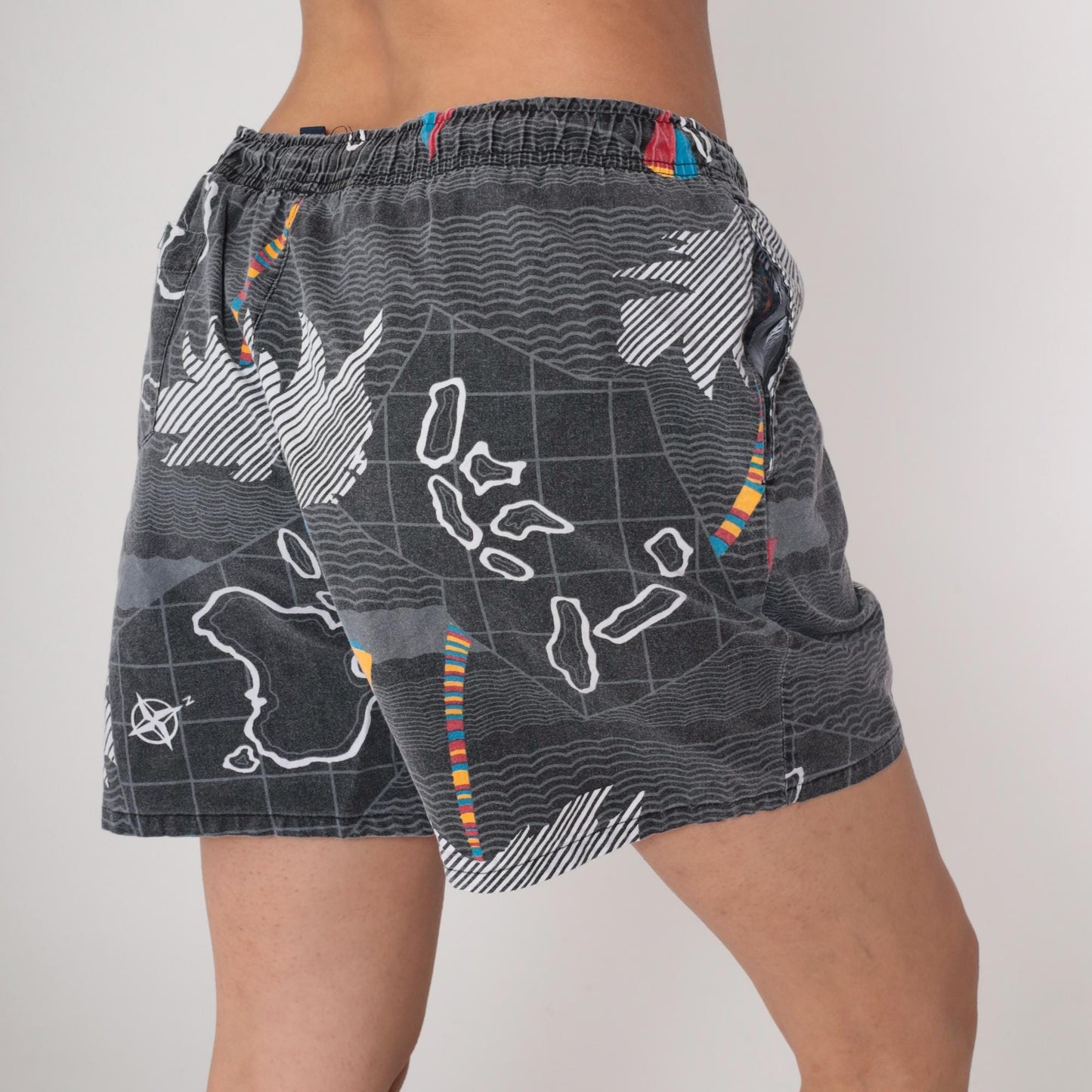 90s Blair Map Print Cotton Swim Trunks Grey Island Graphic Large L