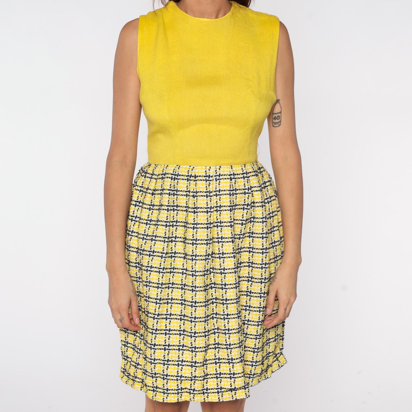 60s Yellow Plaid Mod Mini Dress Colorblock Black White Crew Neck Small