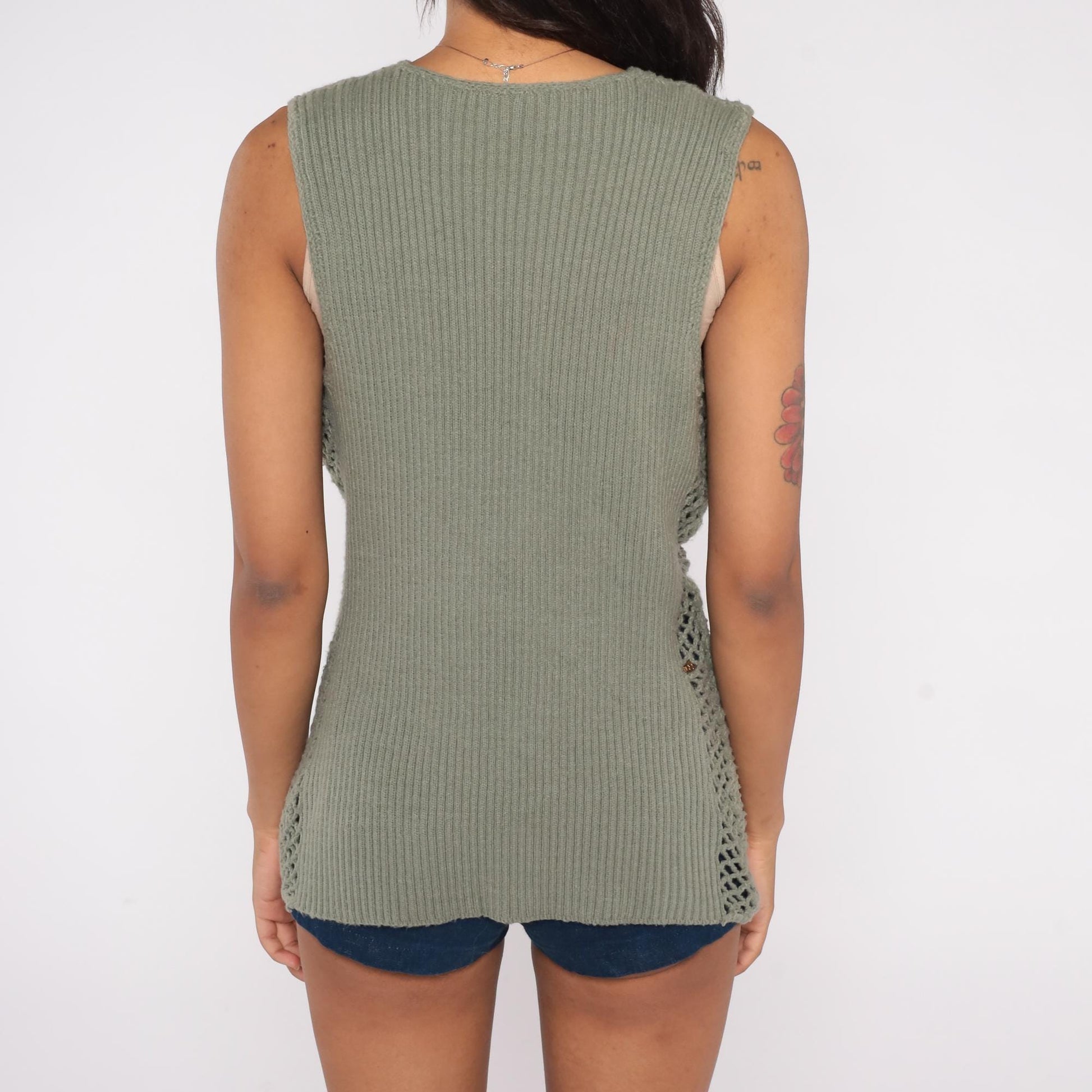 70s Crochet Patchwork Vest Sage Green Brown Floral Daisy Mesh Knit Medium M
