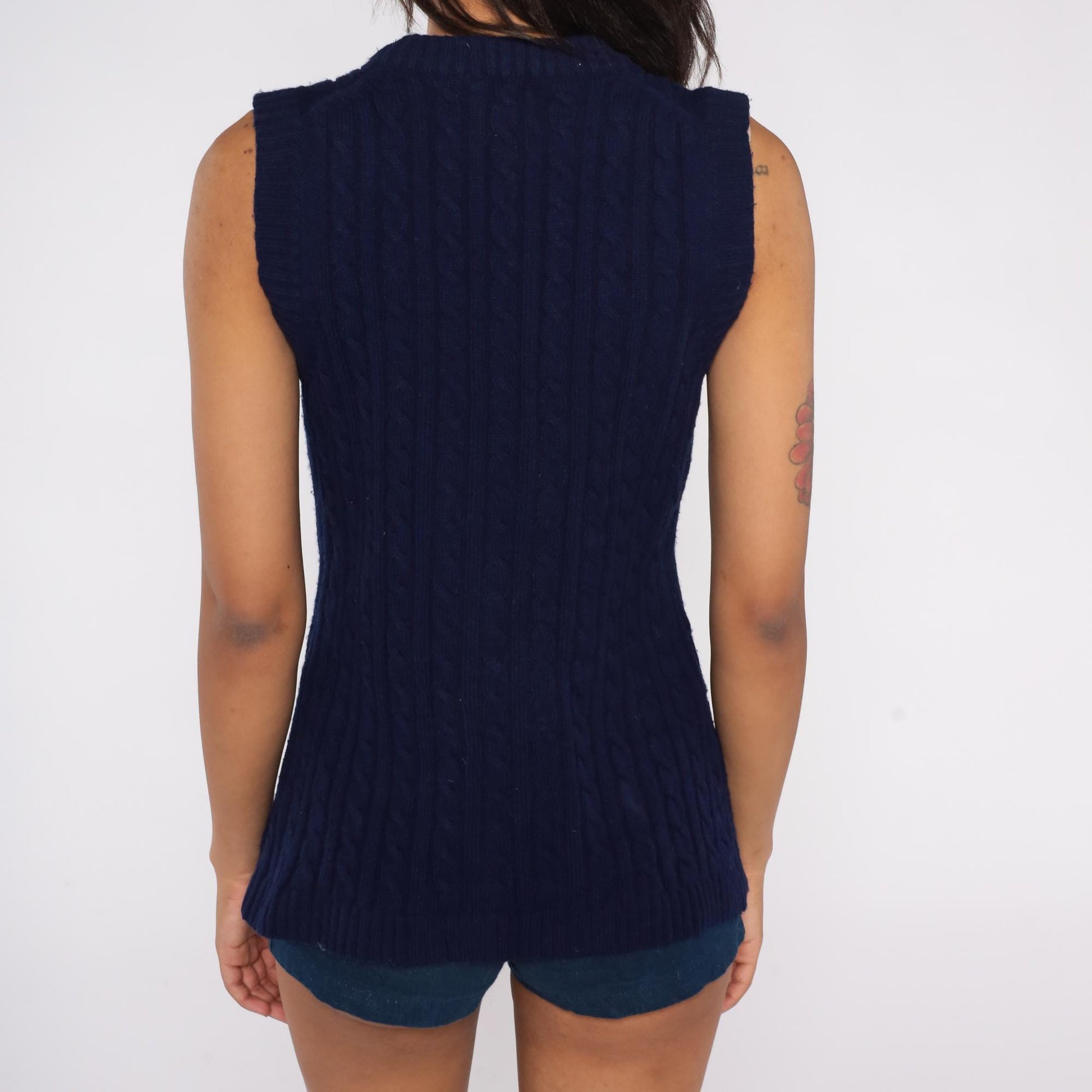70s Dayne Taylor Navy Cable Knit Sweater Vest V-Neck Pockets Medium
